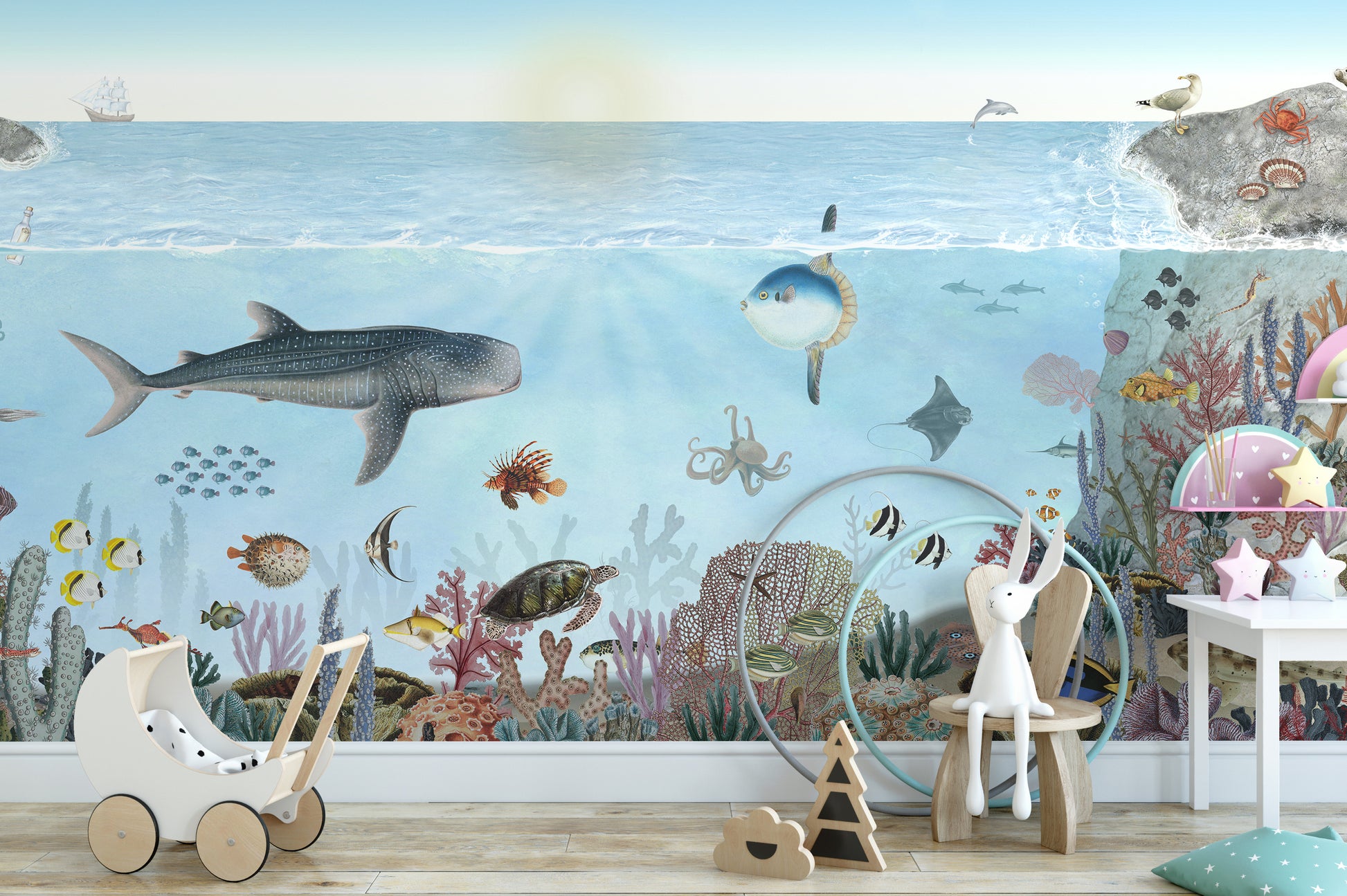 Ocean-themed wallpaper featuring fish and marine wildlife