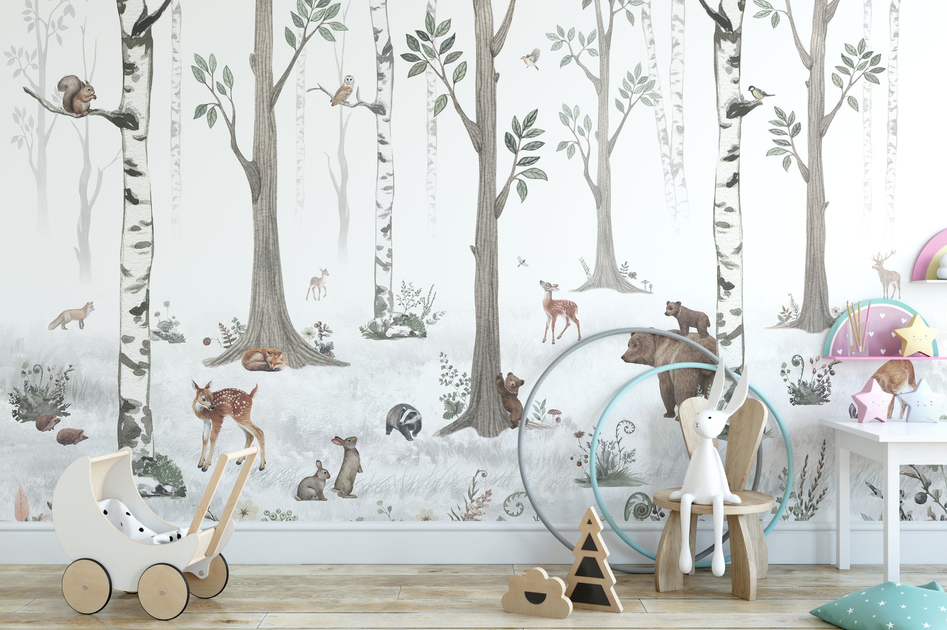 Peaceful White Forest mural wallpaper with wildlife theme