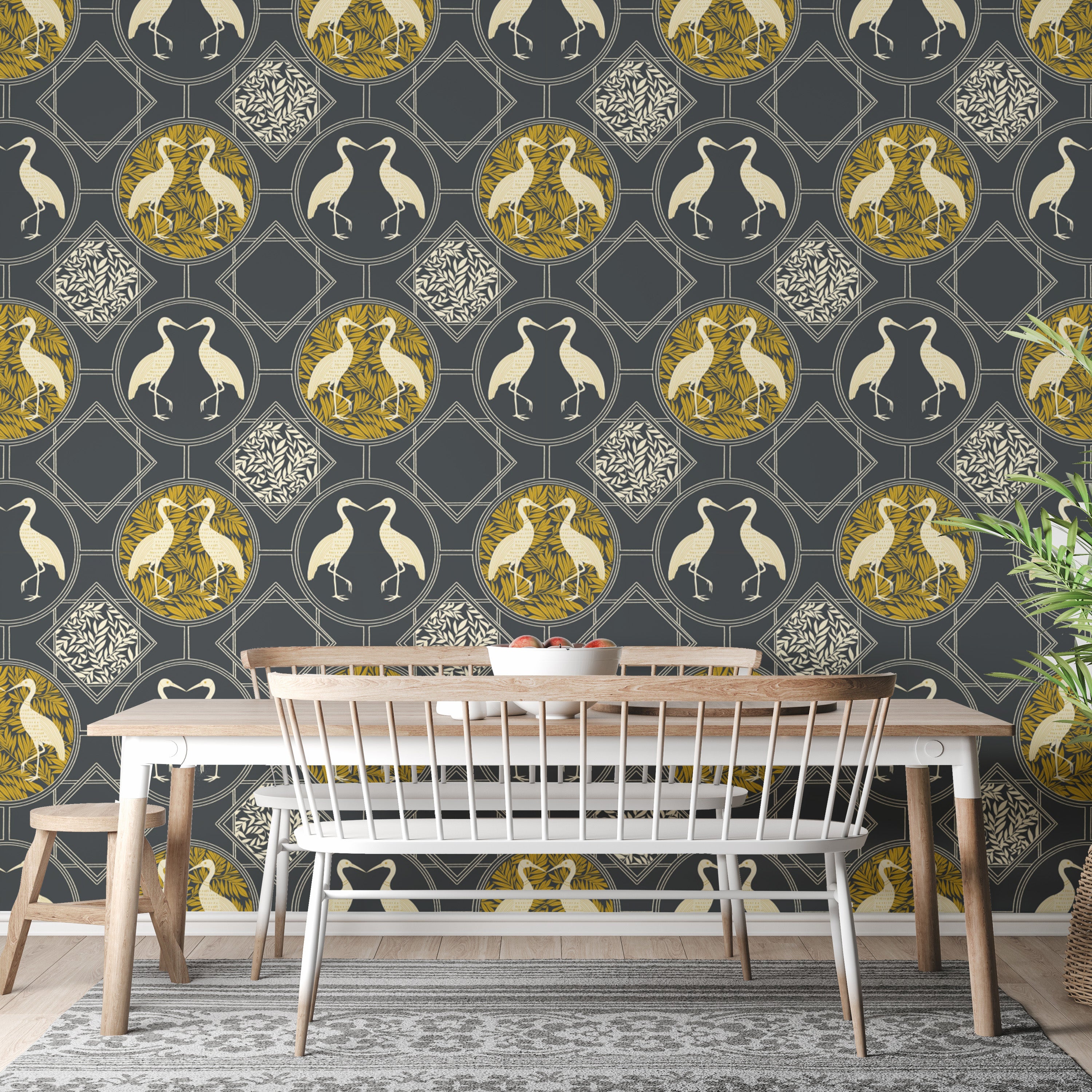 Heron pattern art deco charcoal wall mural
