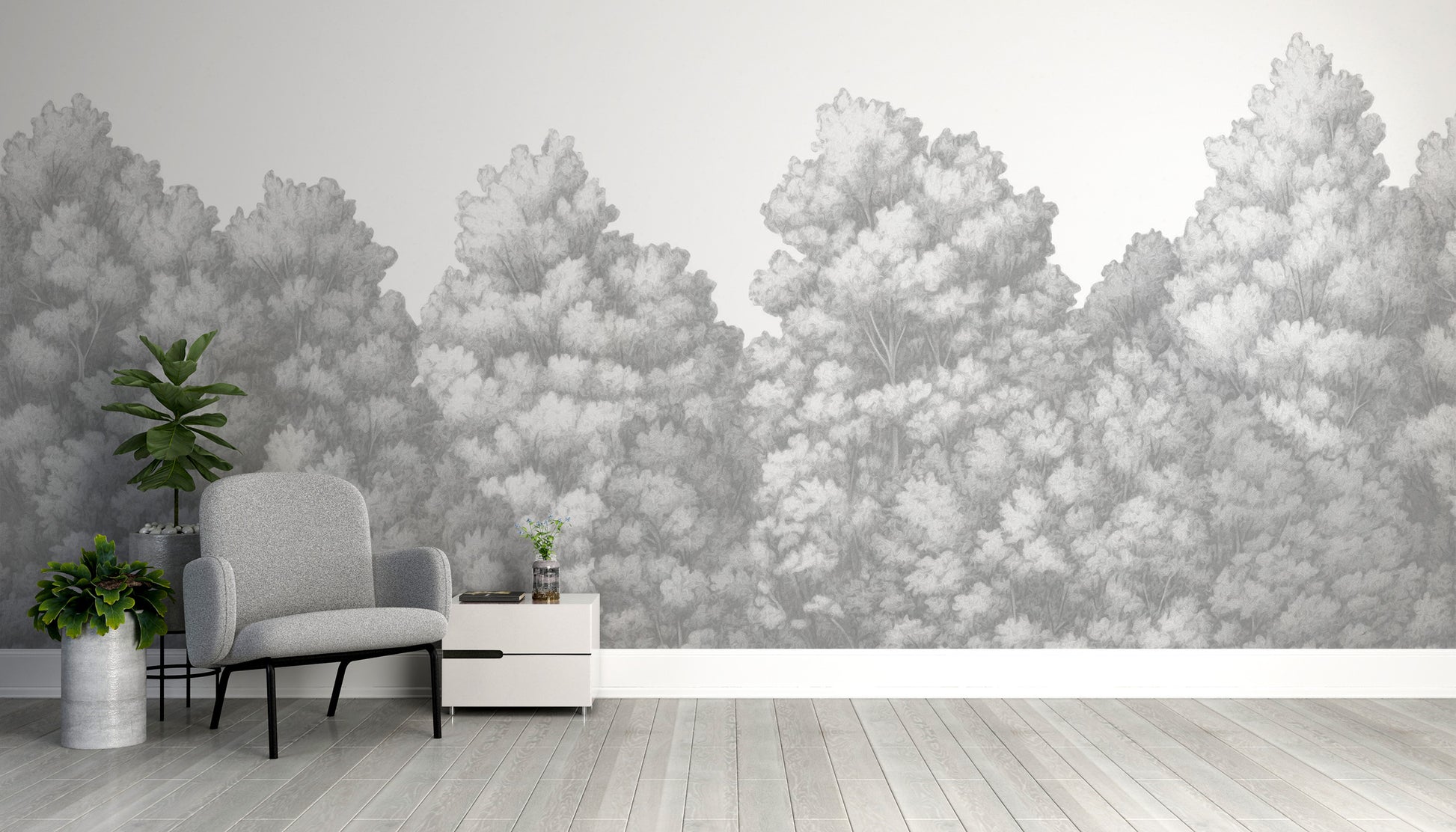 Minimalist grey jungle wall mural pattern