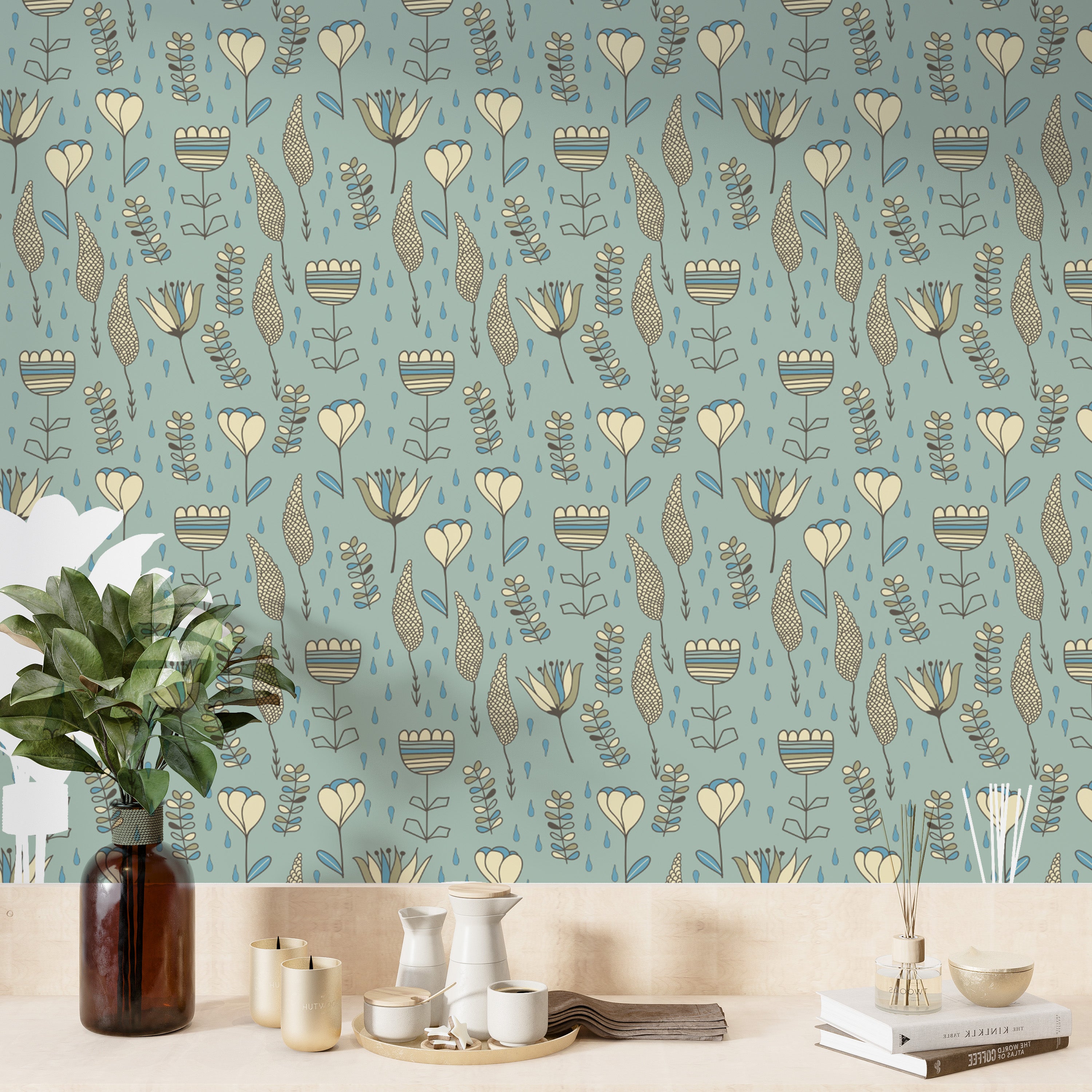 Decorative wallpaper with whimsical naive bloom details.
