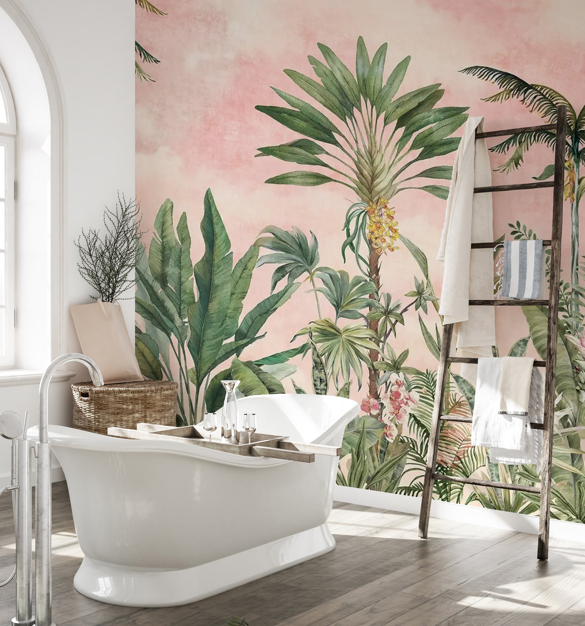 Lush pink foliage Chinoiserie mural
