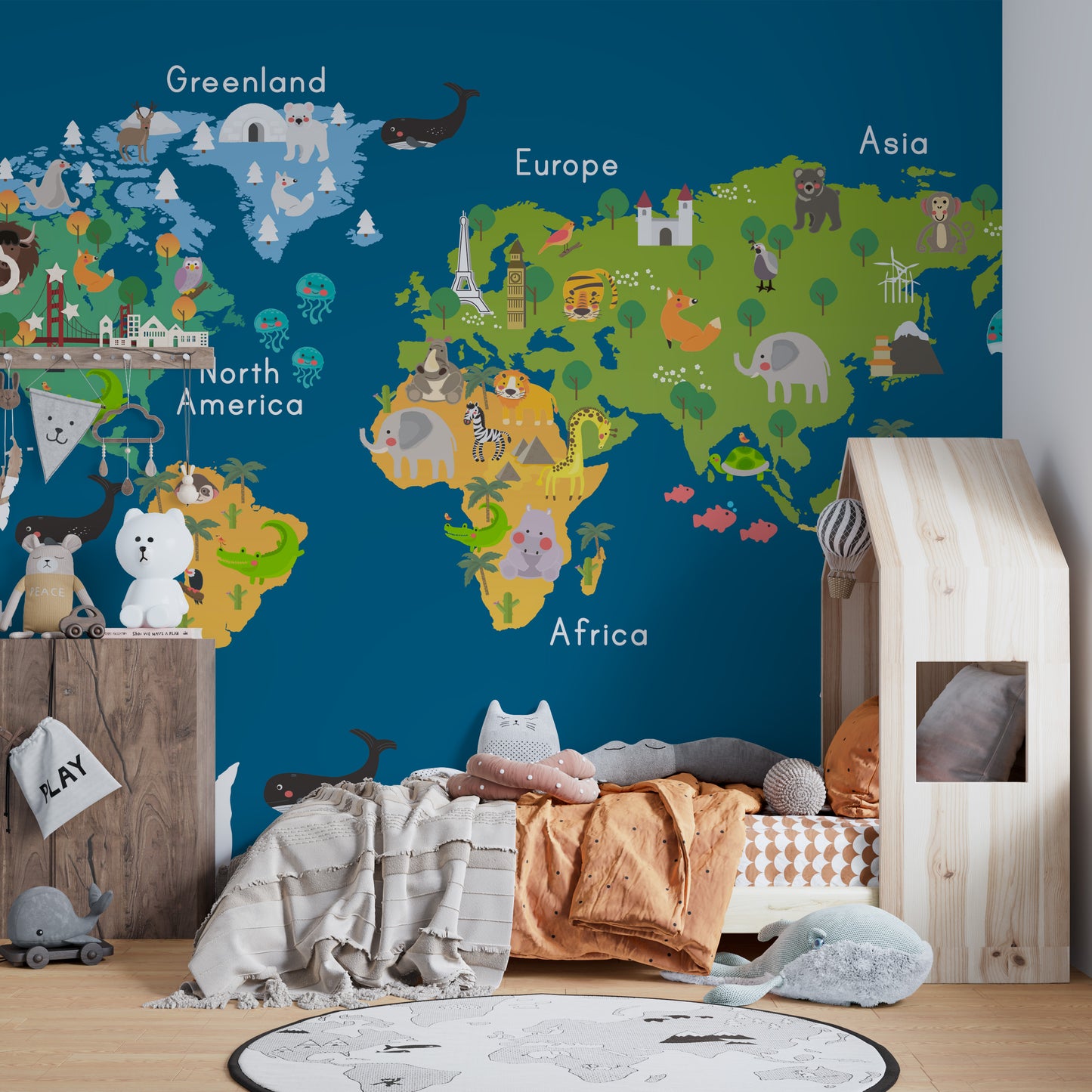 Kids World Map Blue Wallpaper Mural