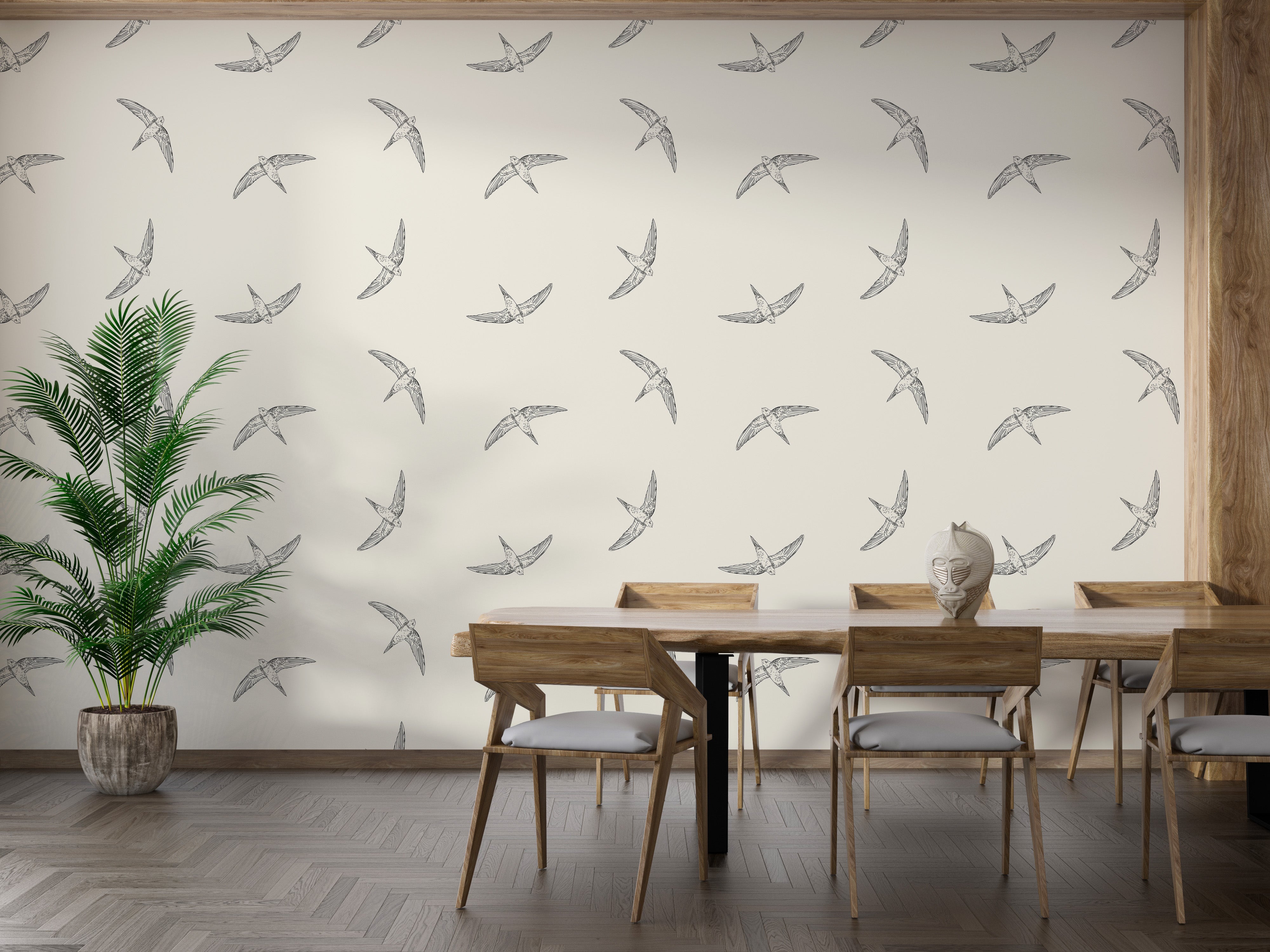 Elegant swallows against beige wallpaper