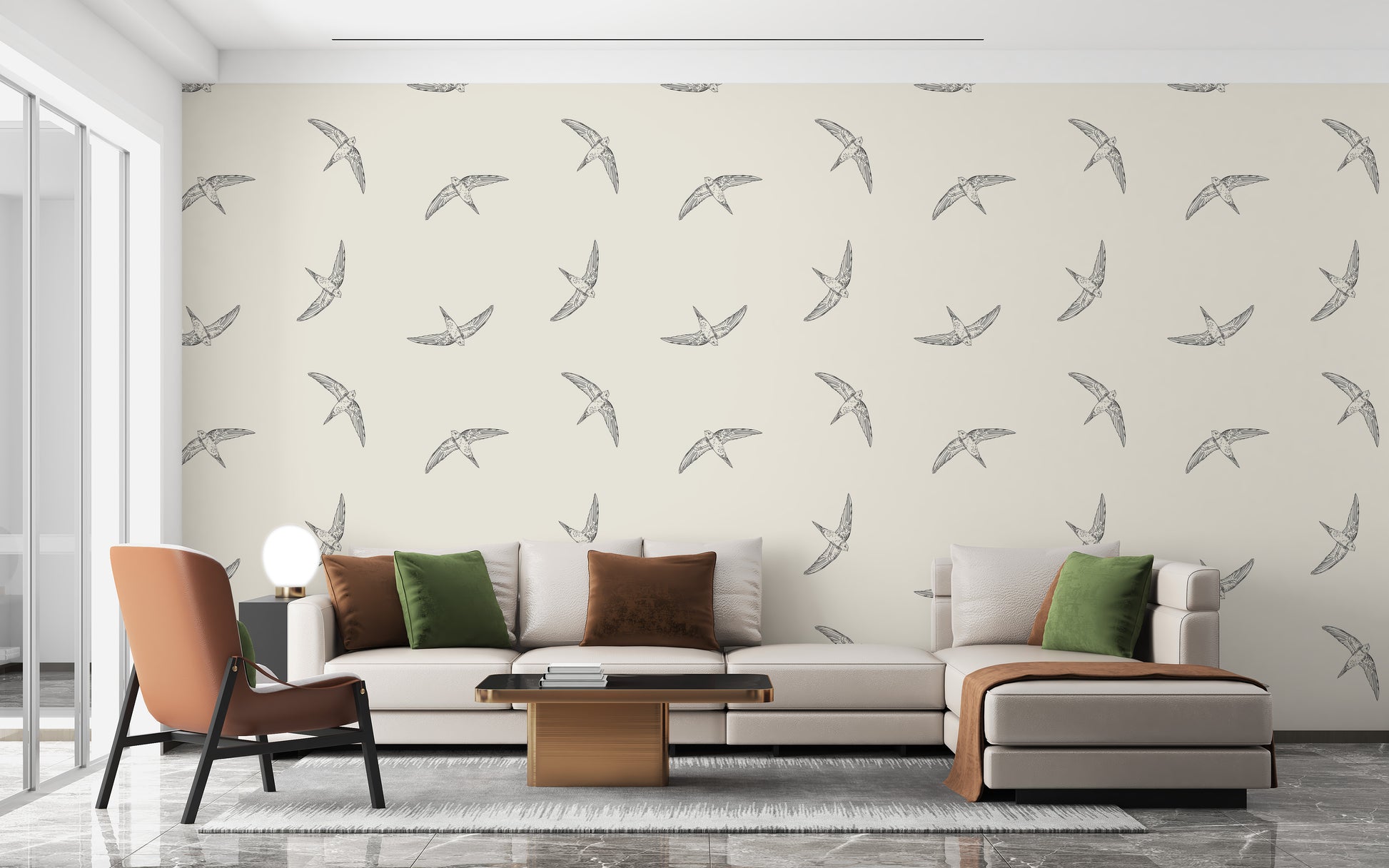 Soft flying swallows on beige mural