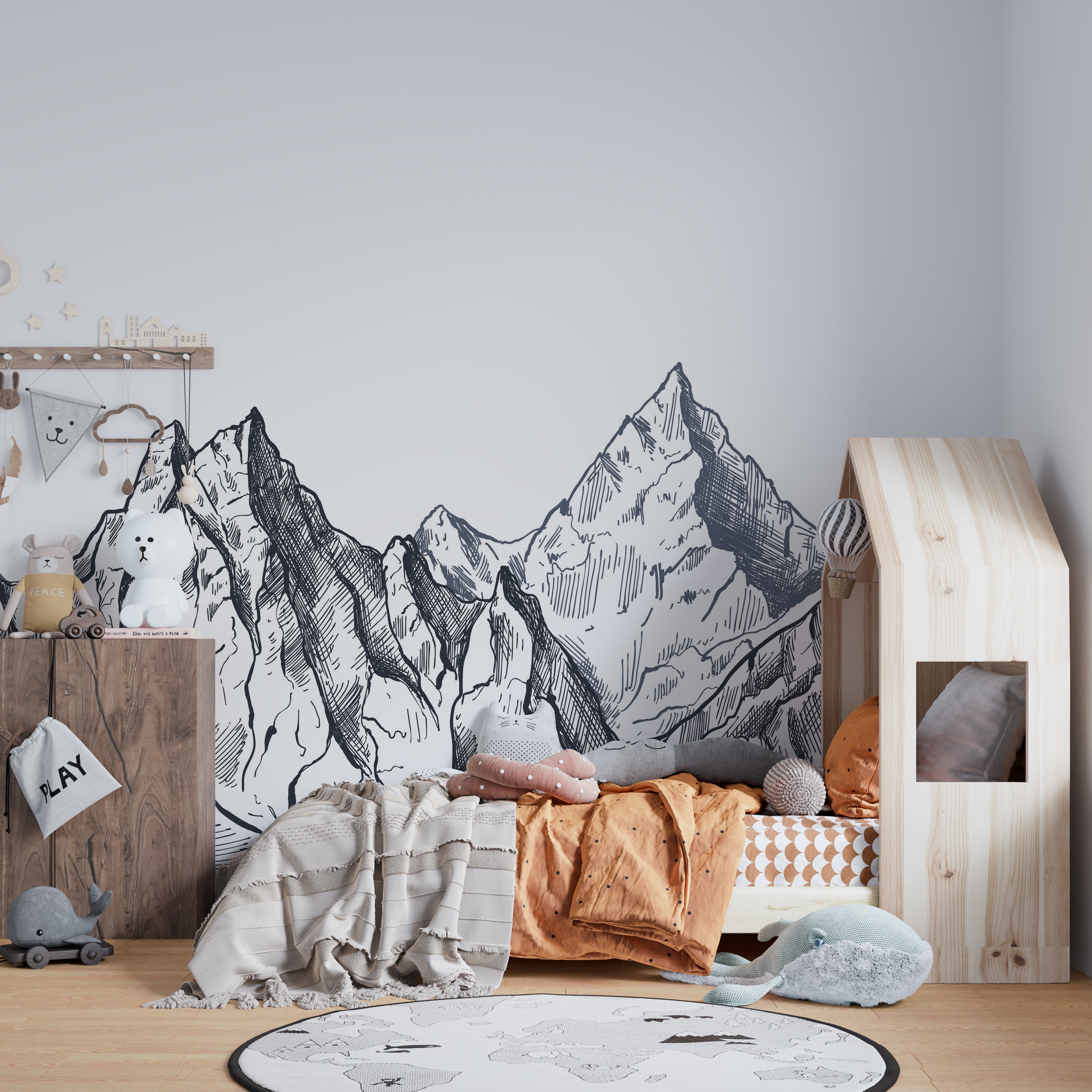 Hand-drawn mystic mountain mural adding charm to your walls.
