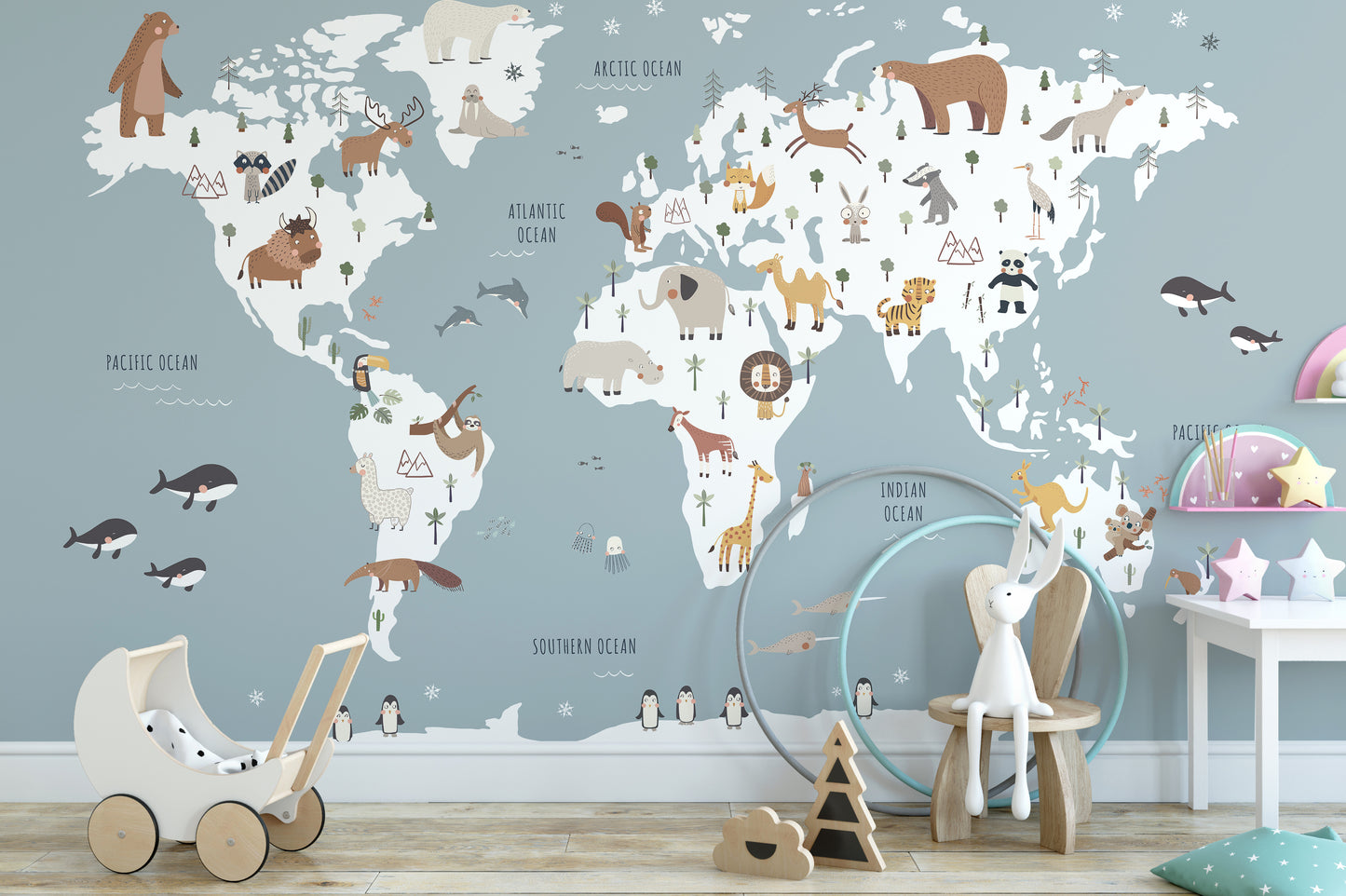 Playful animal map wallpaper for kids' rooms
