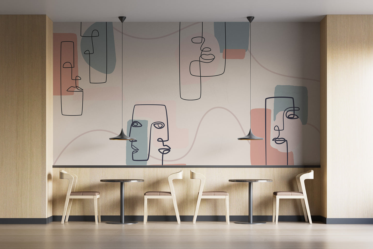 Subtle facial line art wall mural for refined, elegant decor.
