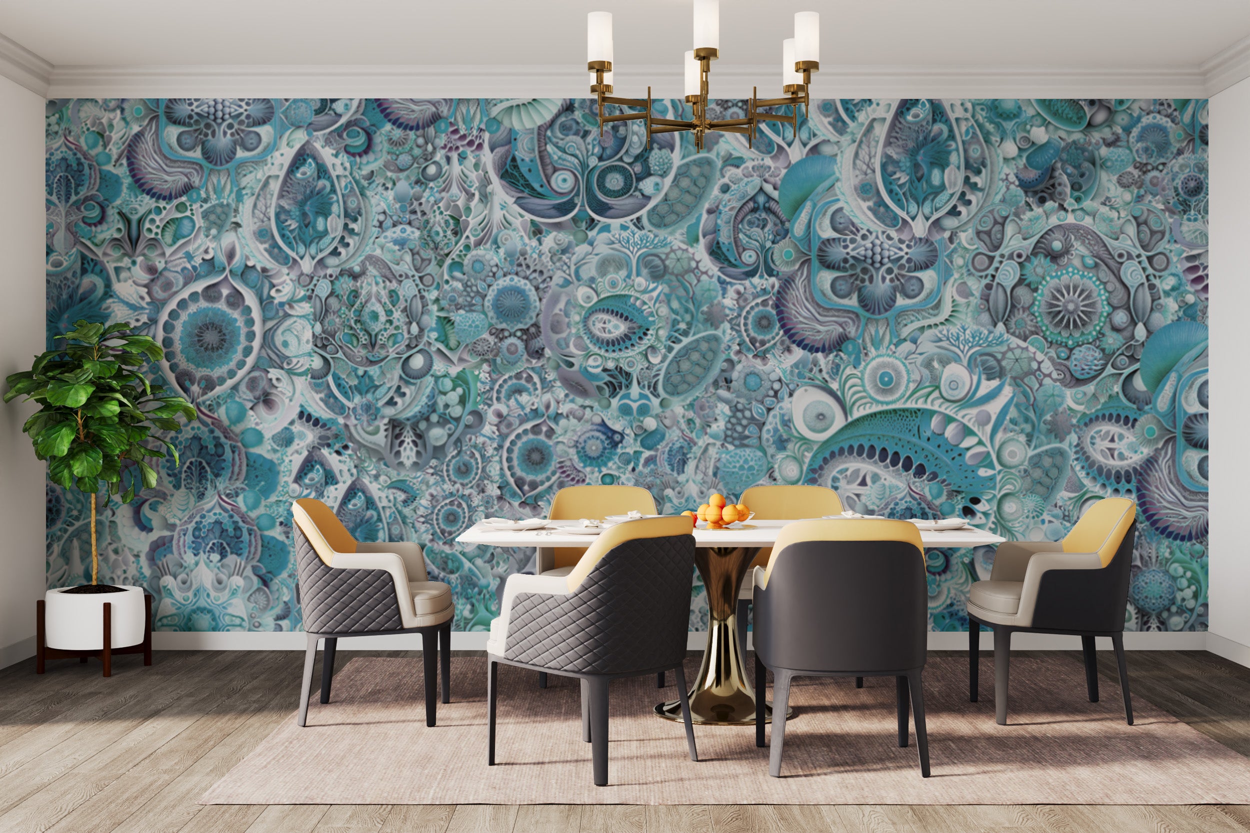 Blue abstract Haeckel mural wallpaper for a striking visual impact.