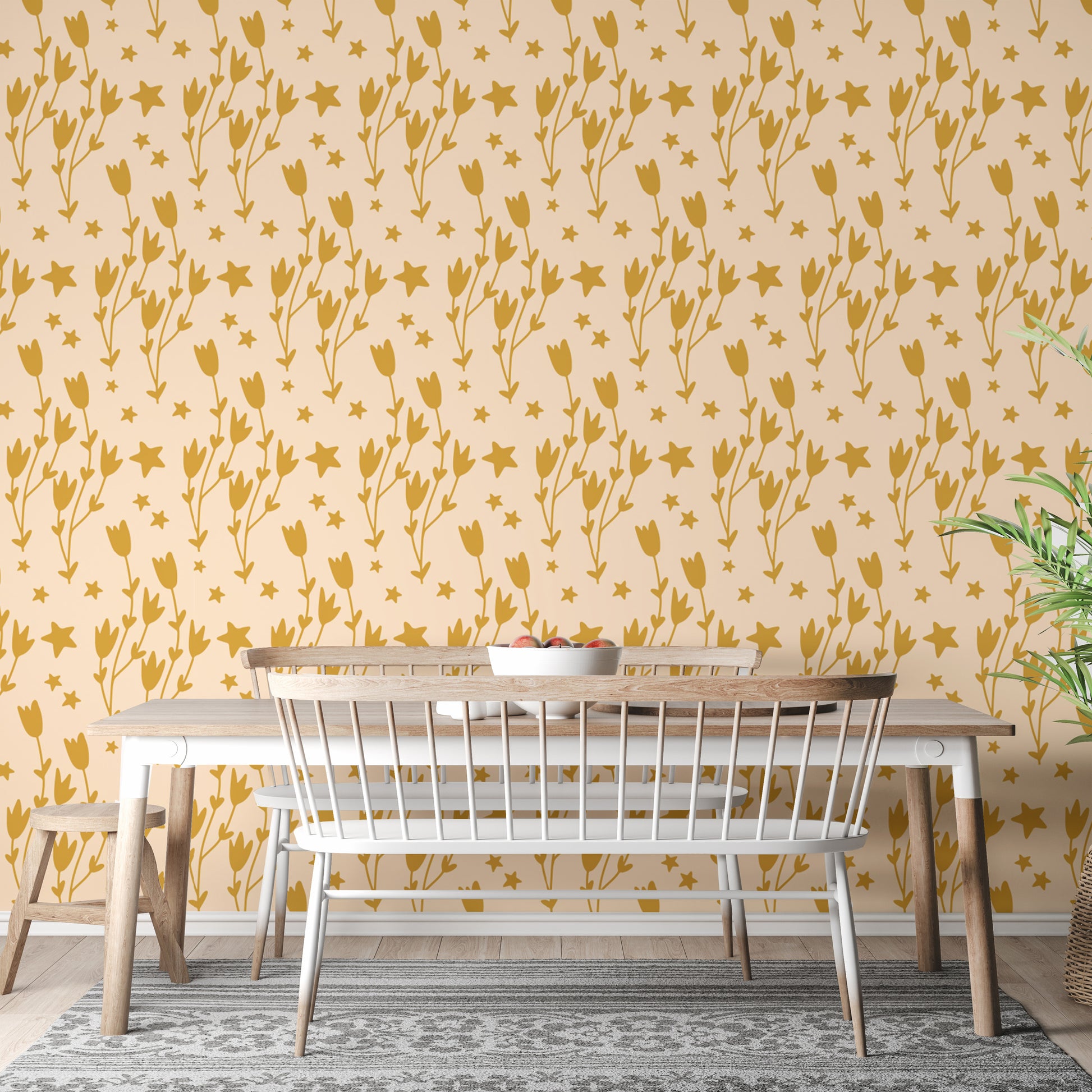 Yellow floral wallpaper with stars for elegance
