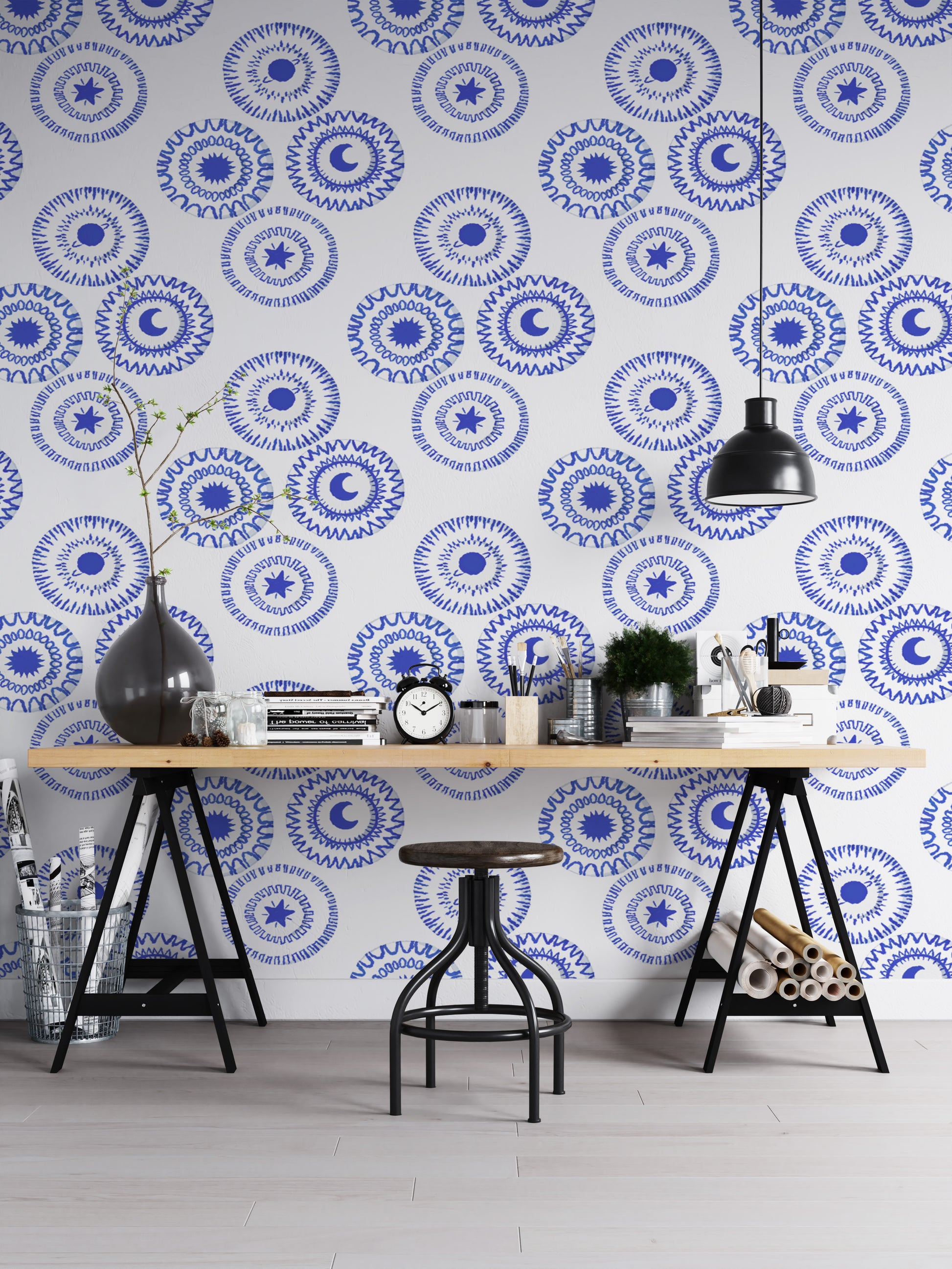 Artistic porcelain blue removable wallpaper for chic interiors.
