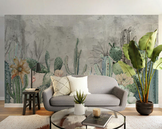 Green cactus in desert wallpaper mural
