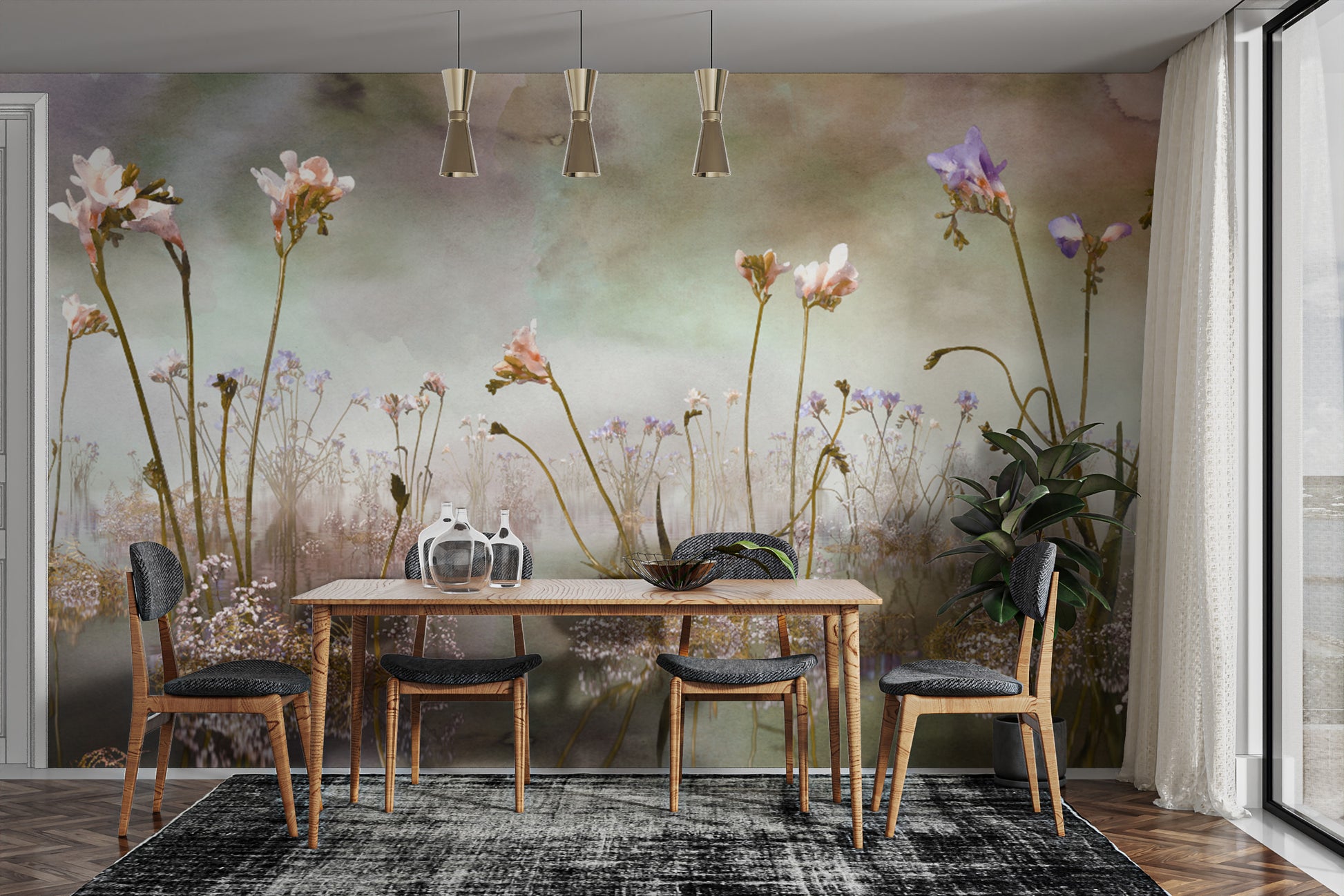 Watercolor freesia floral wallpaper for a soft, artistic wall finish.