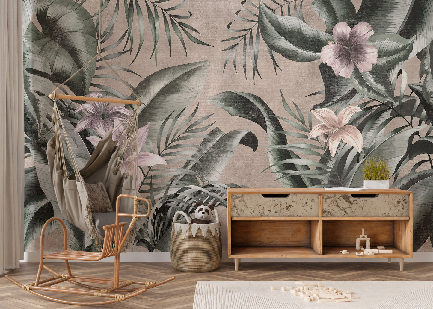 Elegant floral wallpaper mural featuring green leaves on gray.
