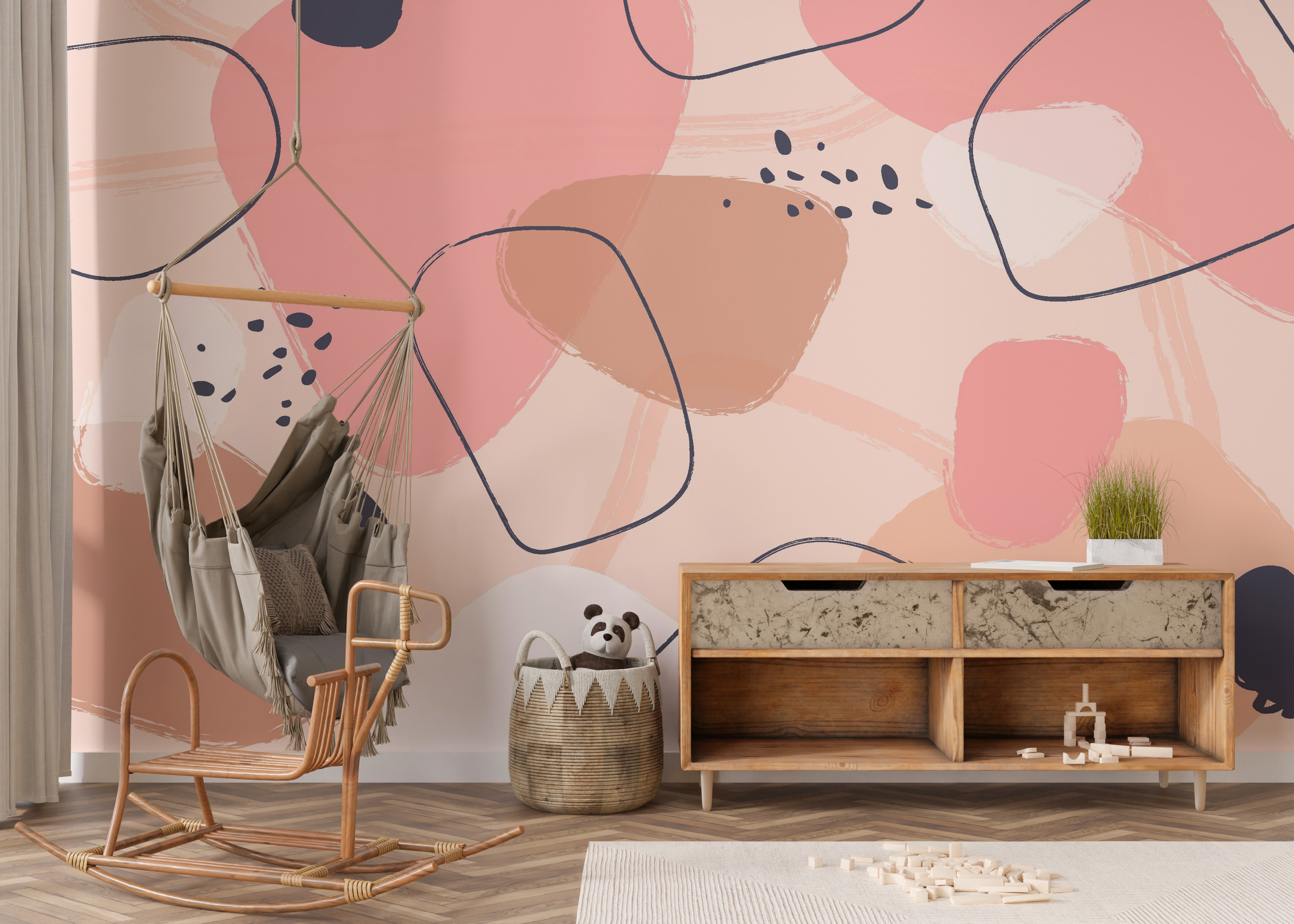 Dynamic abstract pastel mural for a trendy and stylish ambiance.
