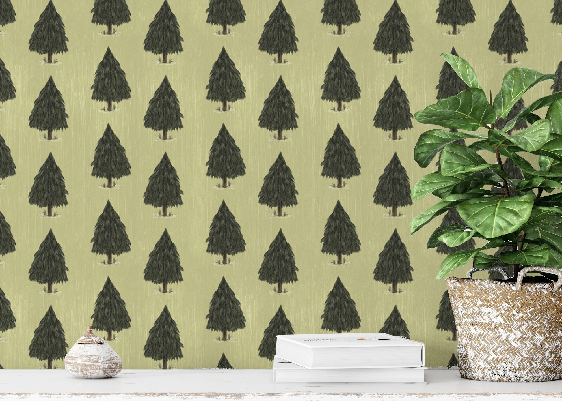 Nature-inspired green pine tree wallpaper for fresh and calming decor.
