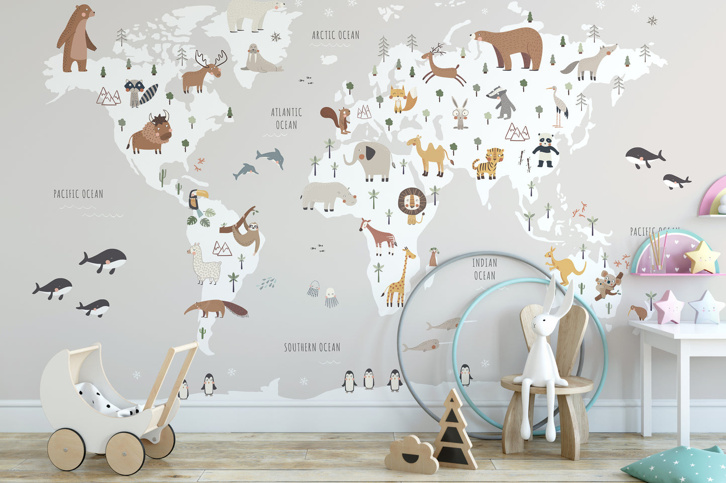 Gray wallpaper with cartoon animals for nurseries
