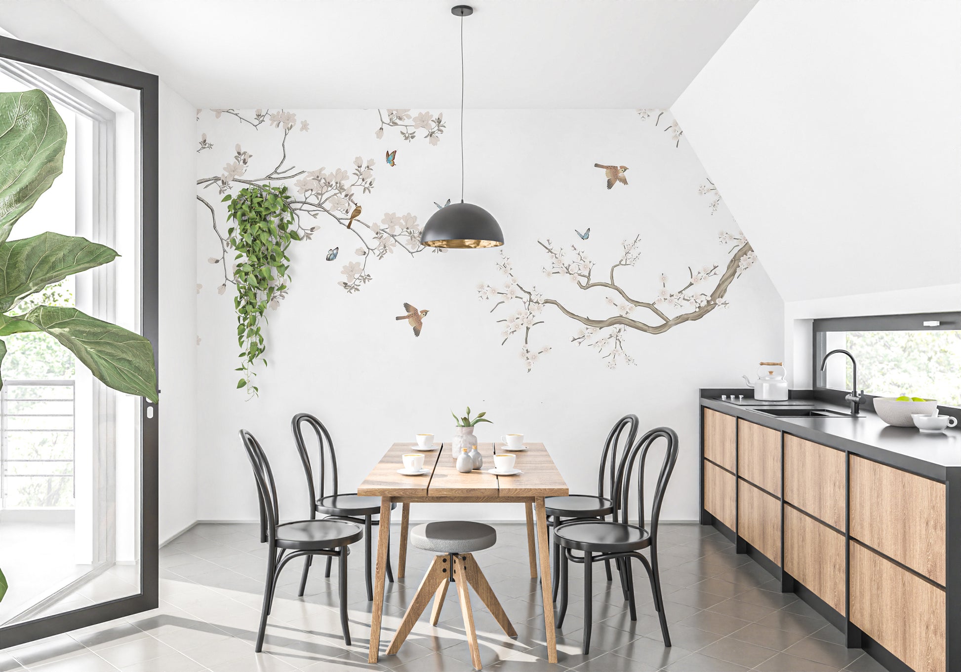 Nature-inspired floral perch wallpaper decor