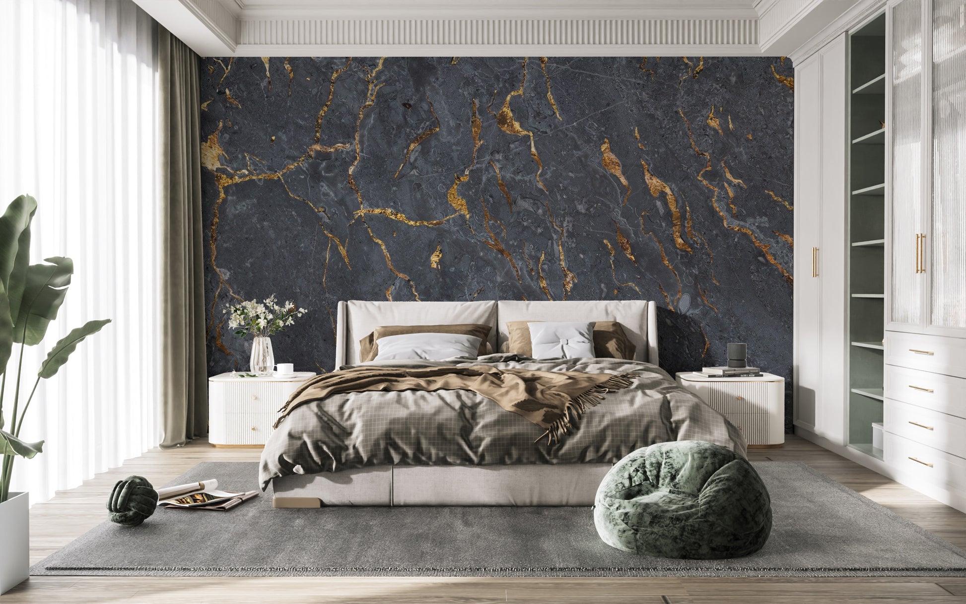 Black marble wall mural with gold accents
