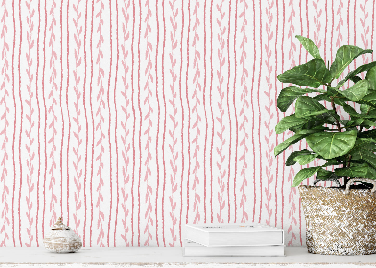 Whimsical pink soft vines wallpaper for playful and cozy interiors.
