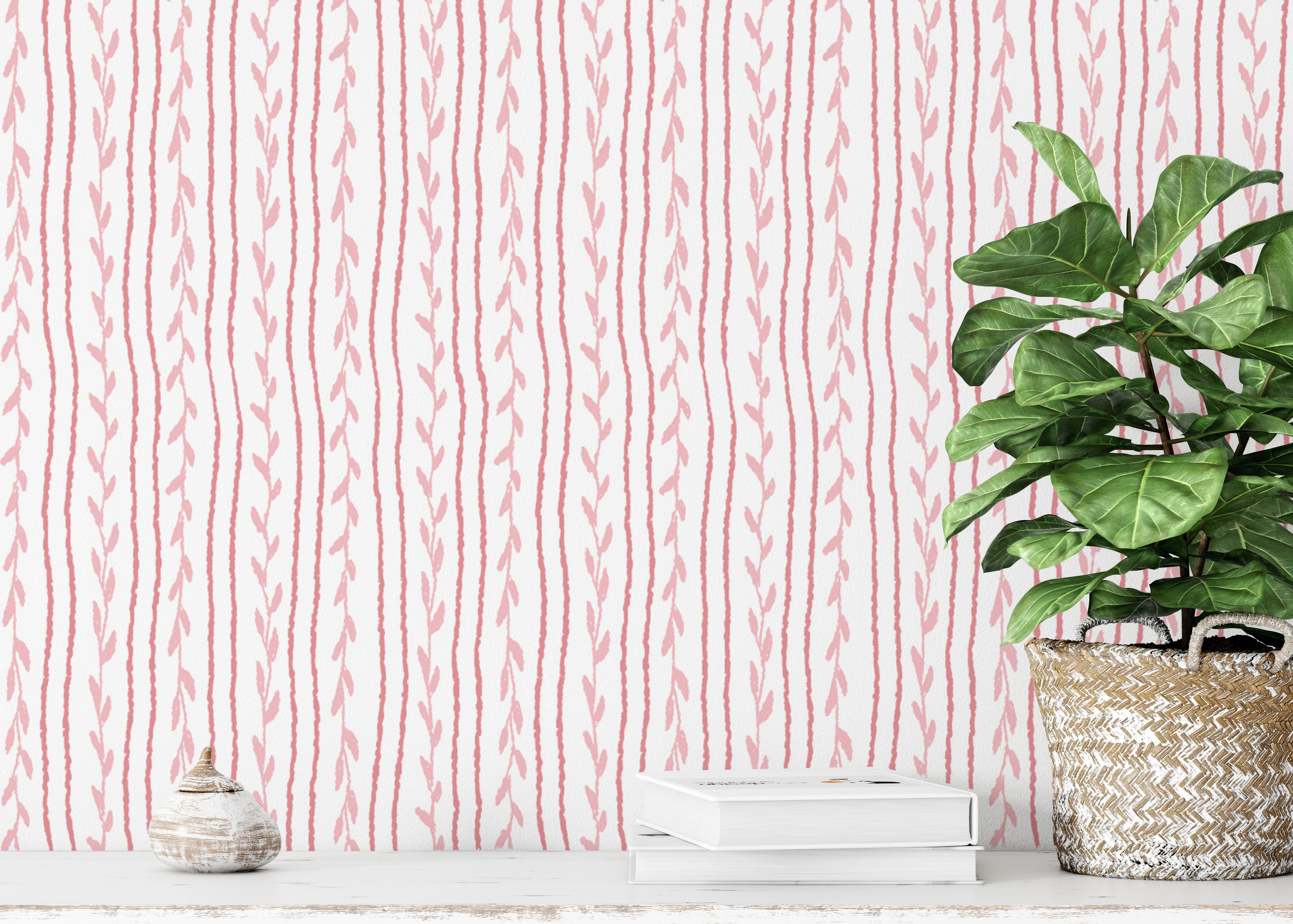 Whimsical pink soft vines wallpaper for playful and cozy interiors.
