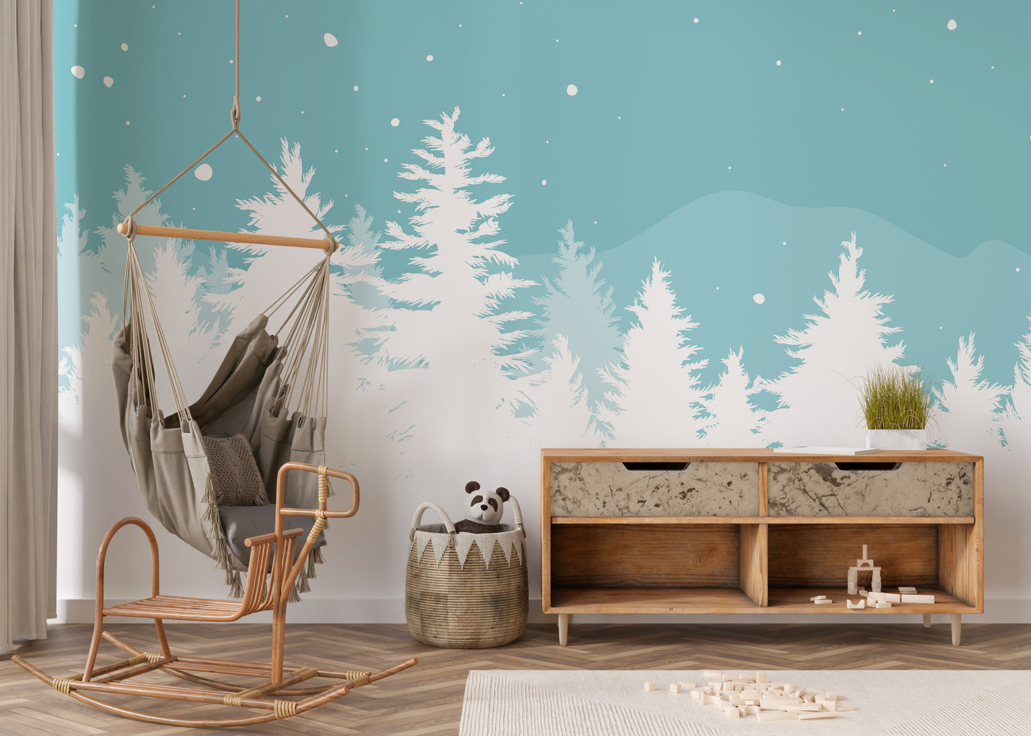 Elegant frosted pine Christmas tree wallpaper for festive decor.
