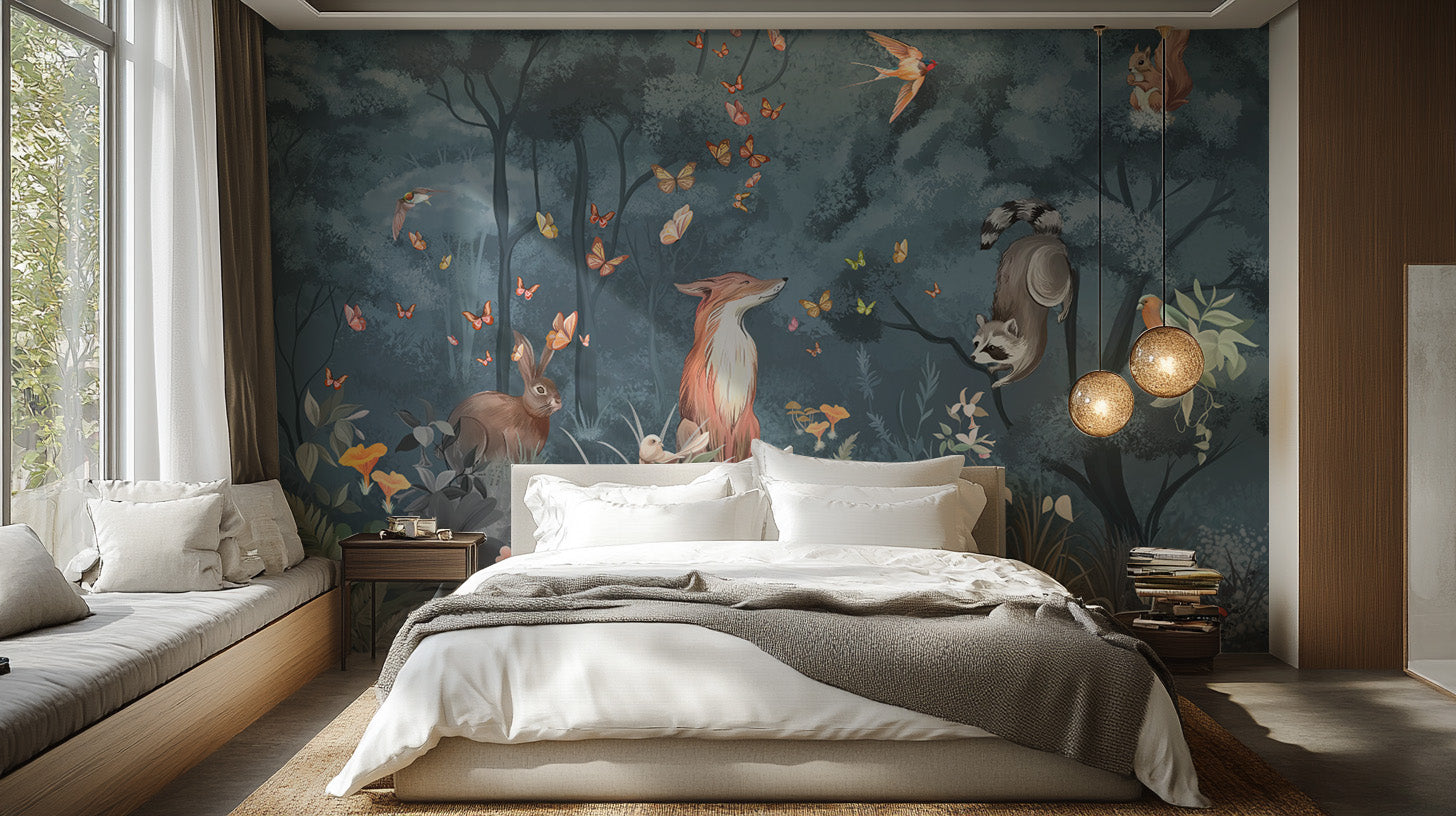 Rustic forest scene with deer and foxes wallpaper mural.
