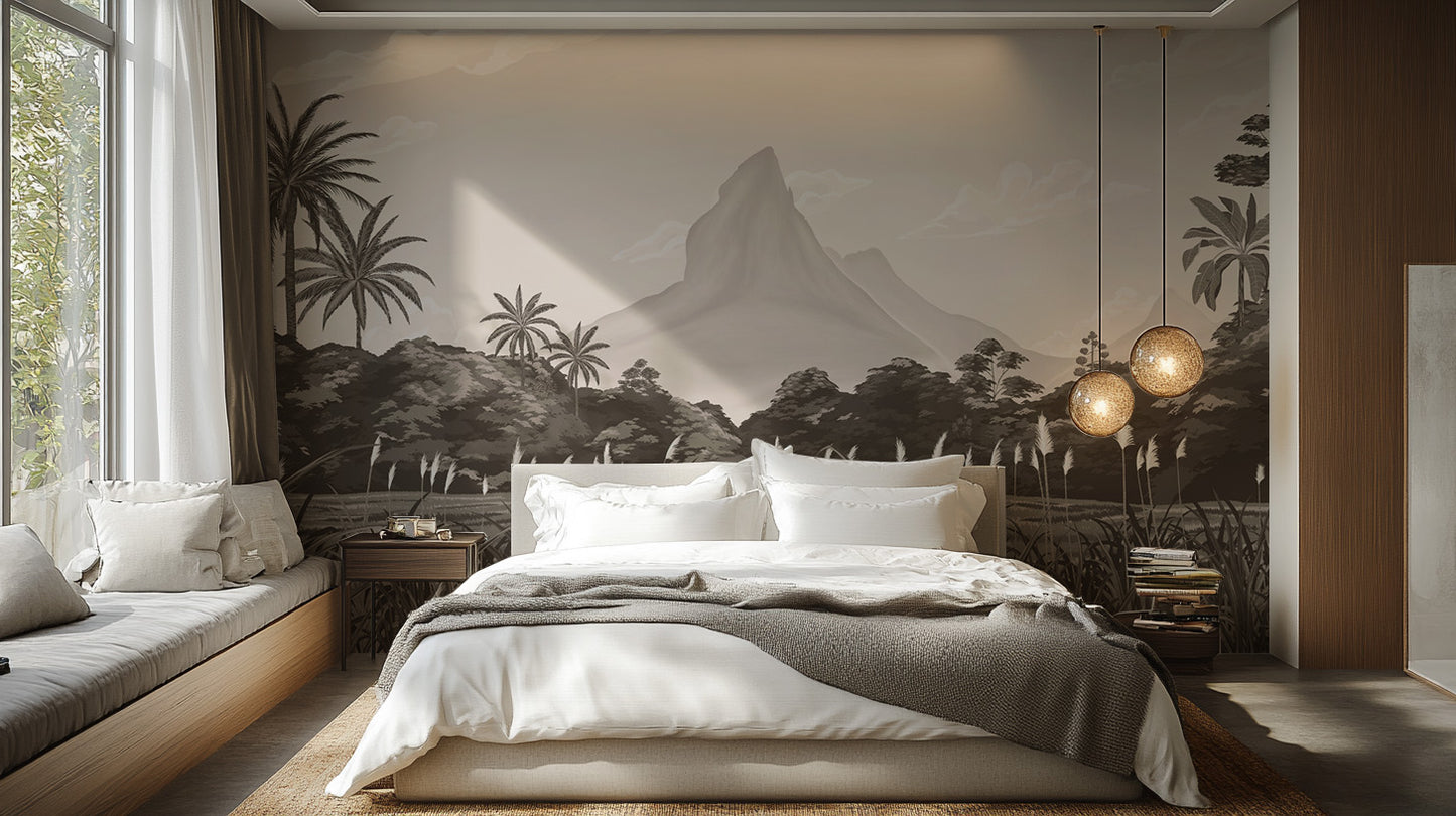 Serene black and white jungle landscape wallpaper mural
