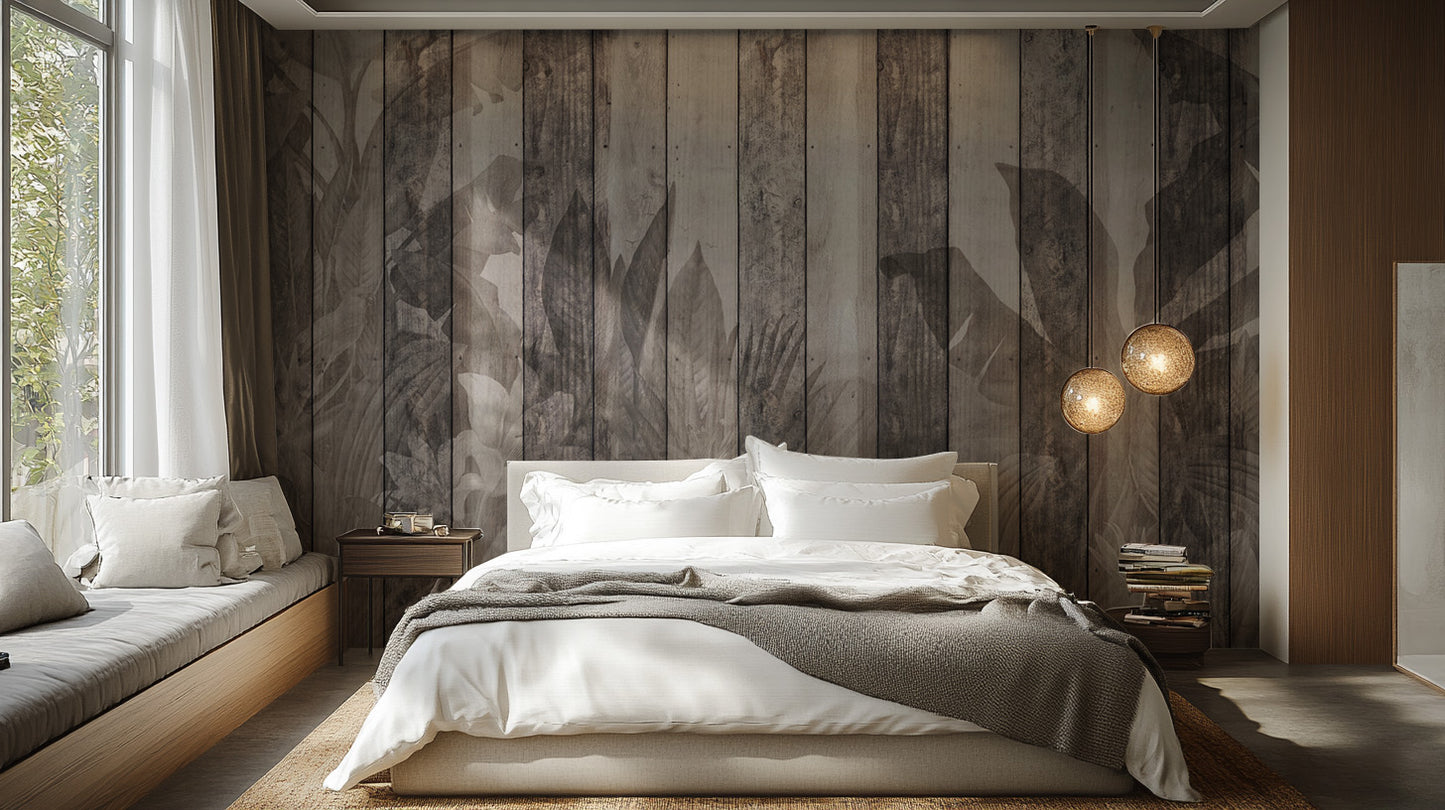 Gray woodgrain wallpaper with delicate botanical patterns
