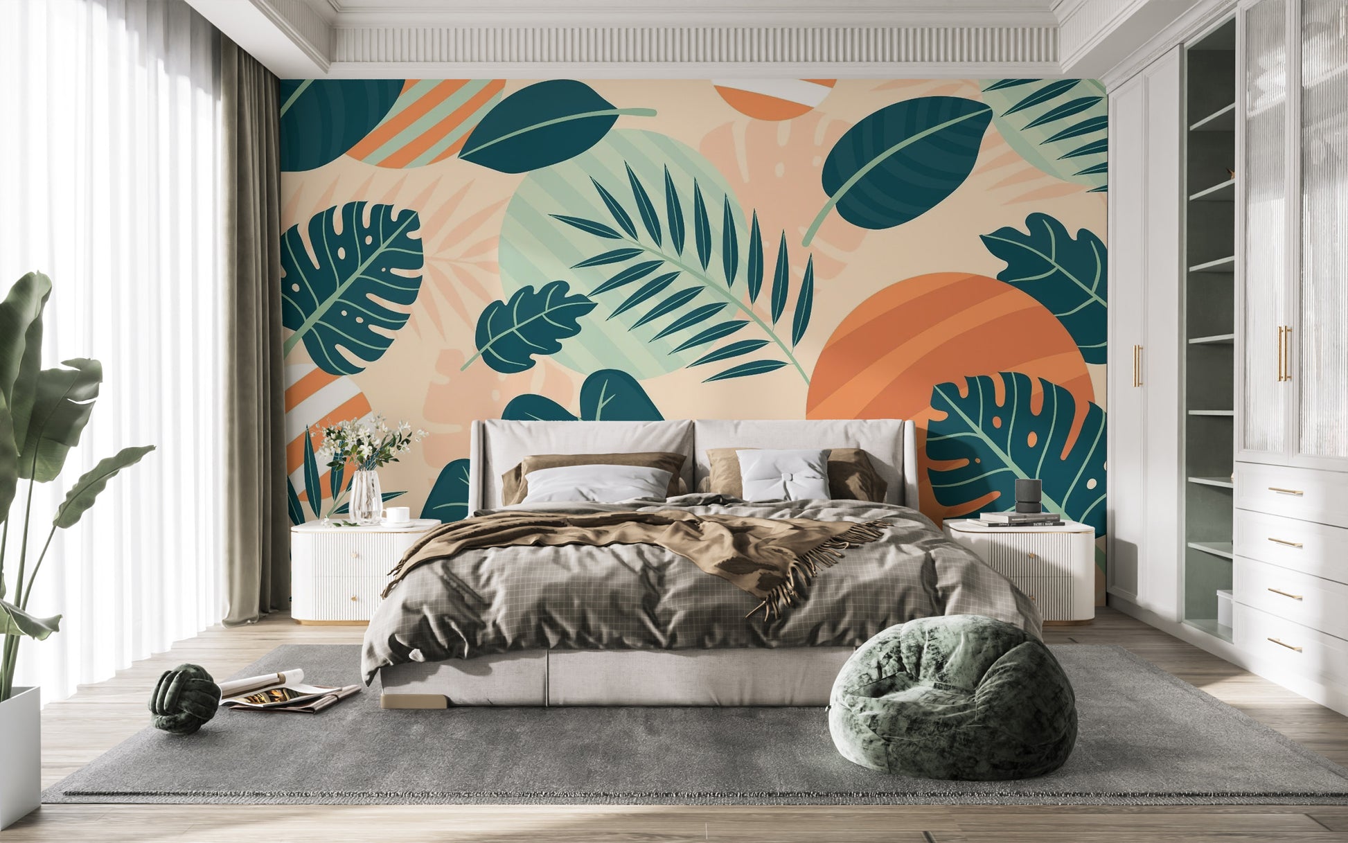 Green Orange Beige Leaves Wallpaper Mural for Walls