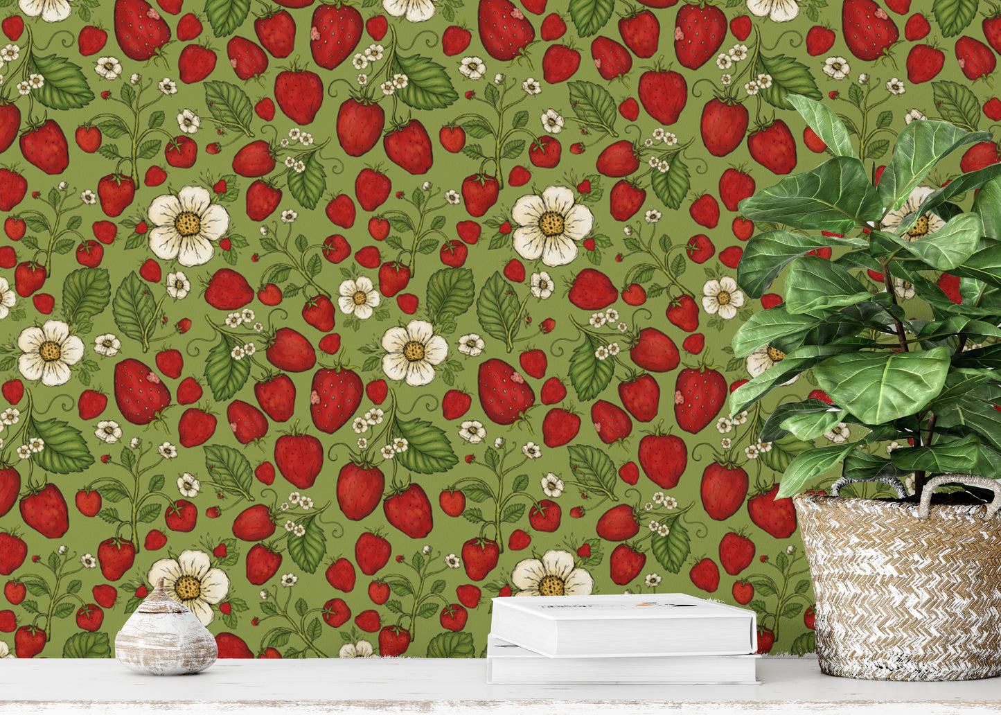 Cheerful strawberry patch wallpaper perfect for natural decor.
