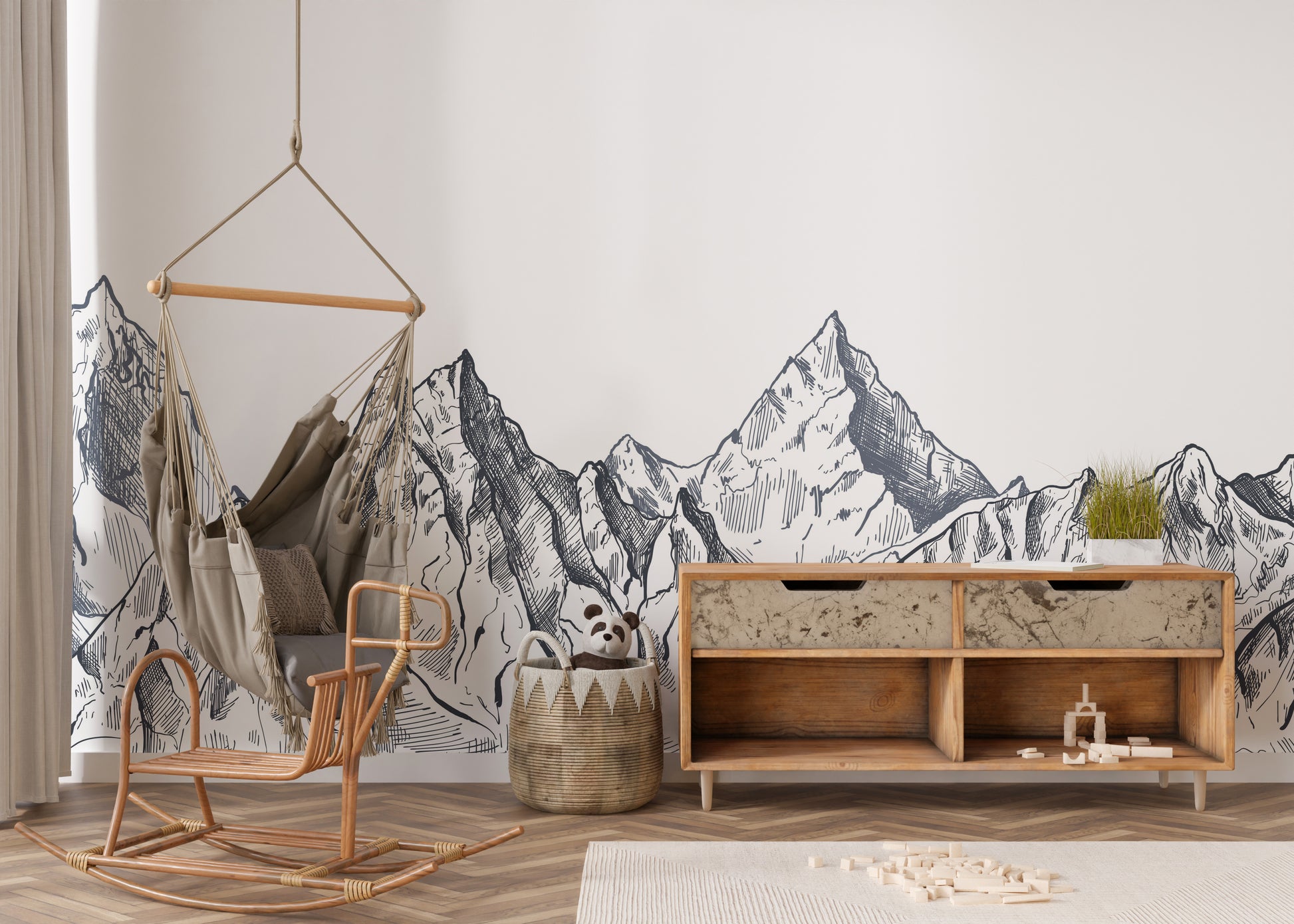 Whimsical hand-drawn mountain mural for serene wall decor.
