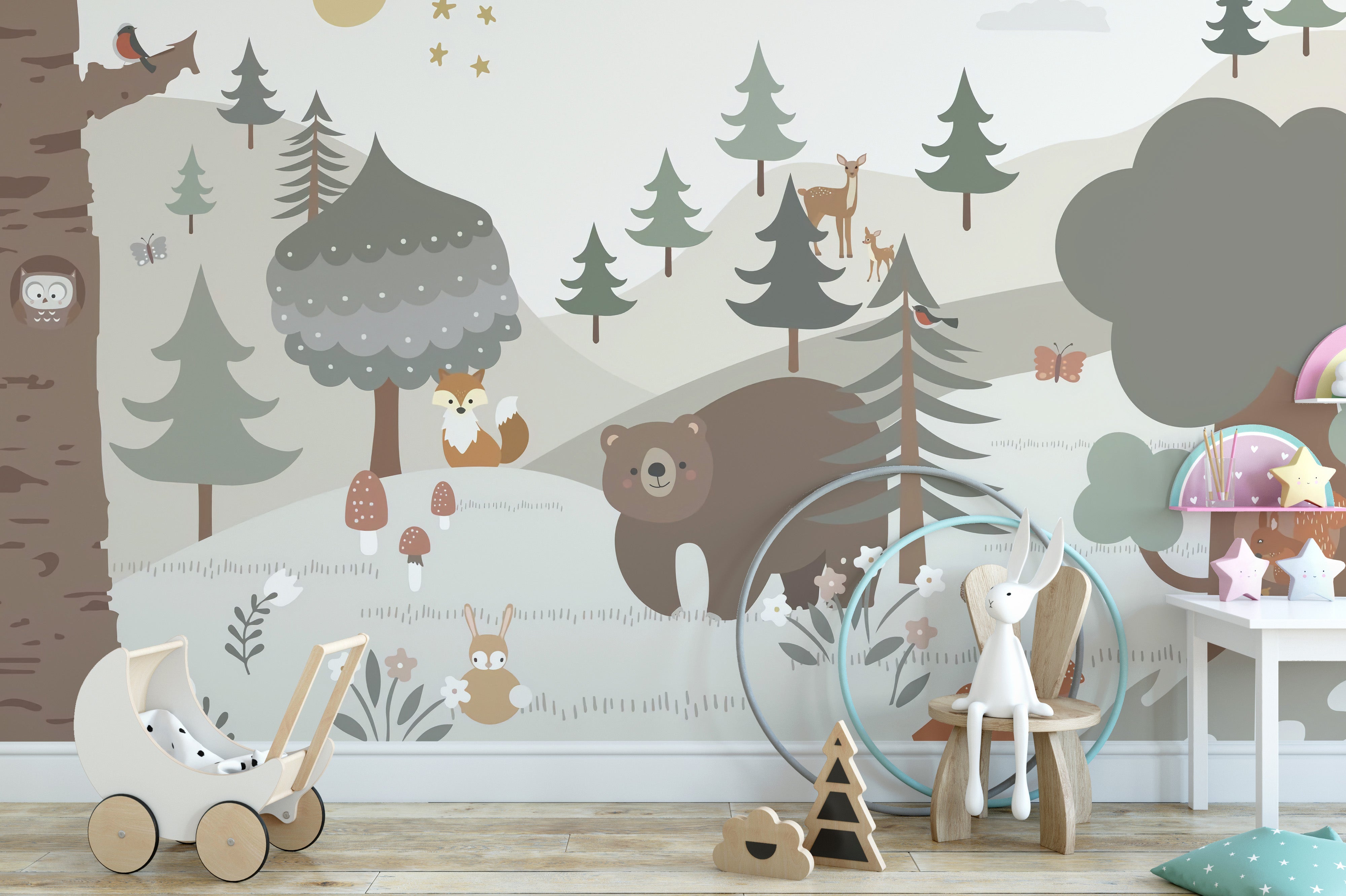 Playful snow forest wall mural for kids' spaces
