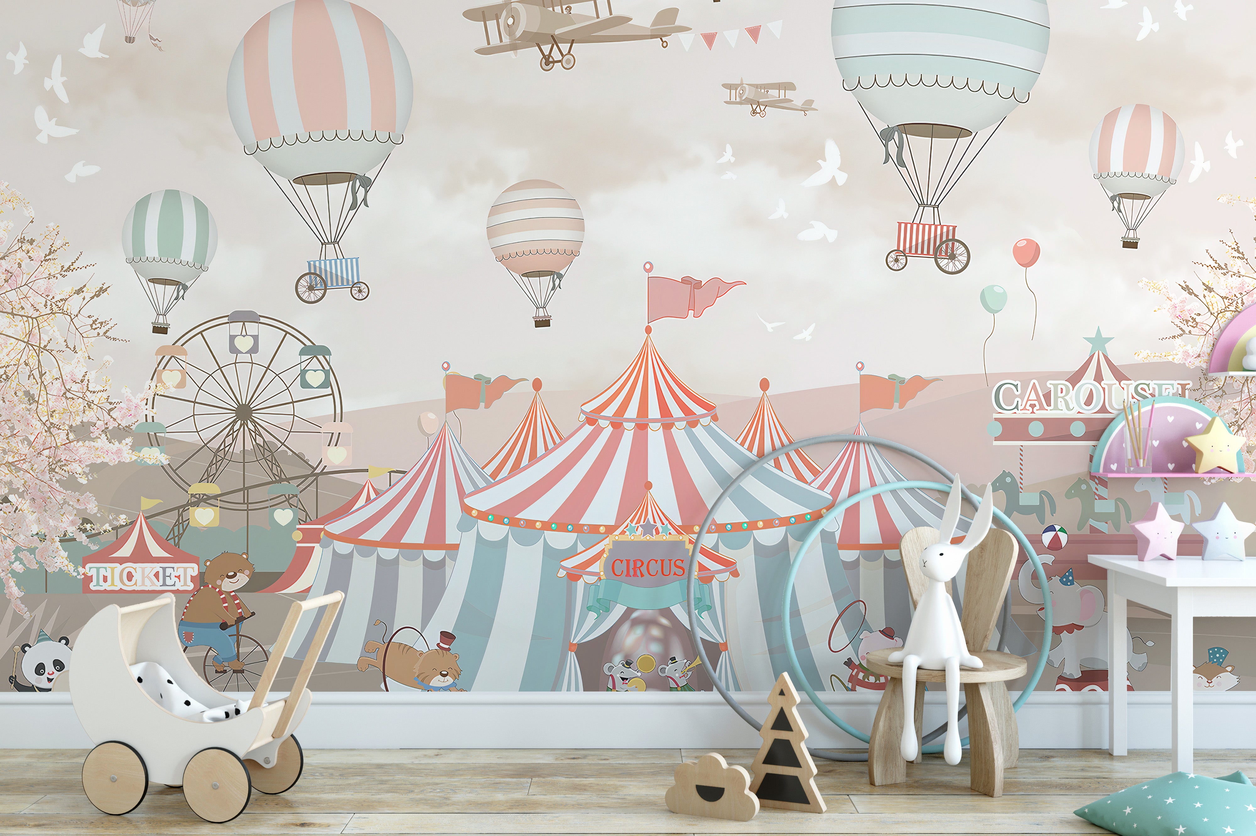 Dreamy circus wall mural for kids' spaces