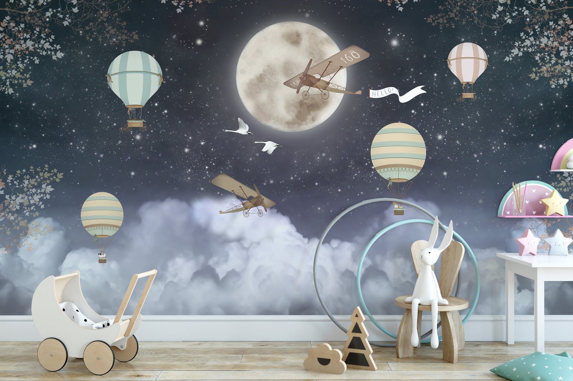 Scenic night sky with balloons wallpaper mural
