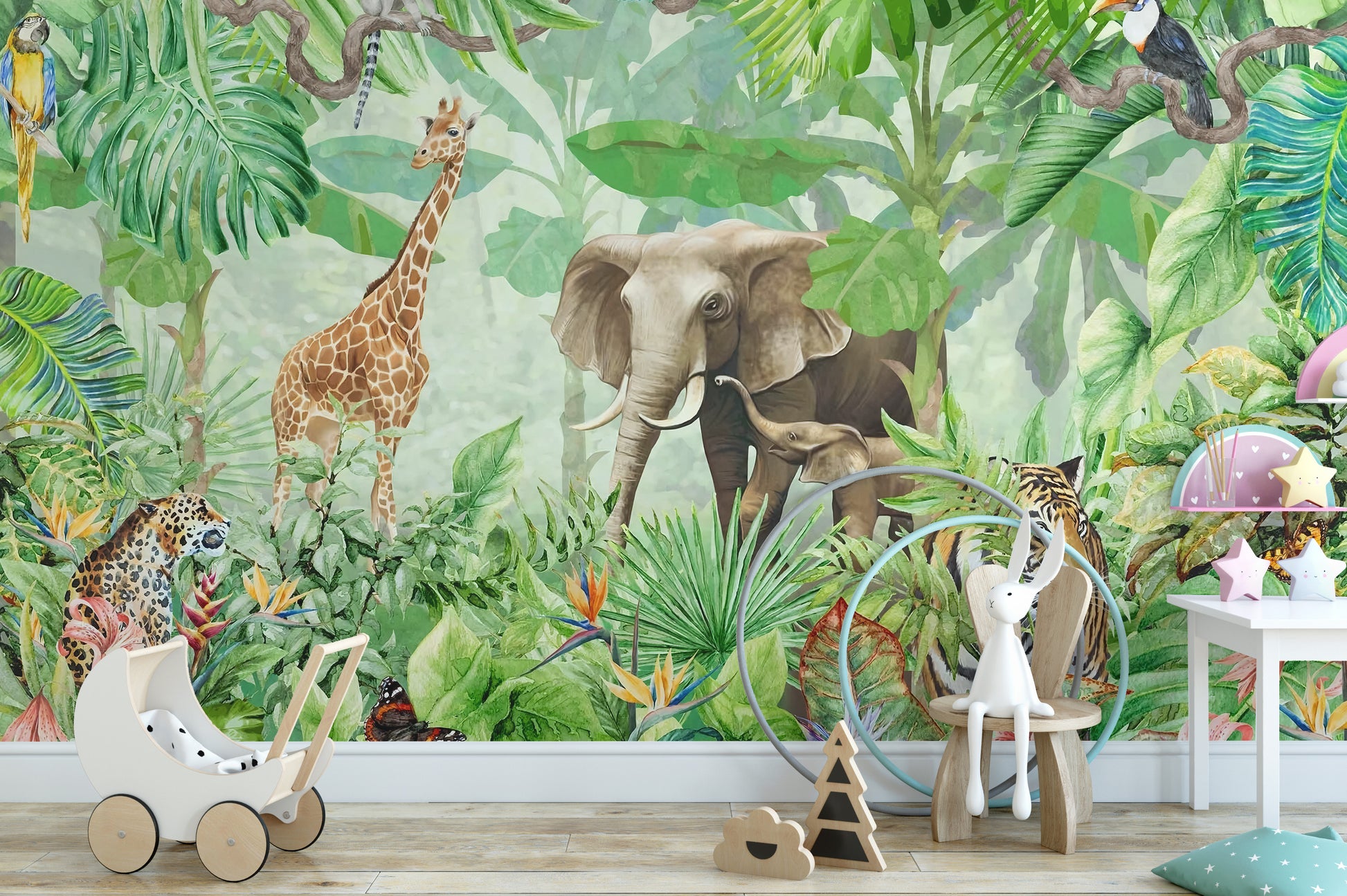 Vibrant green forest wall mural with animals
