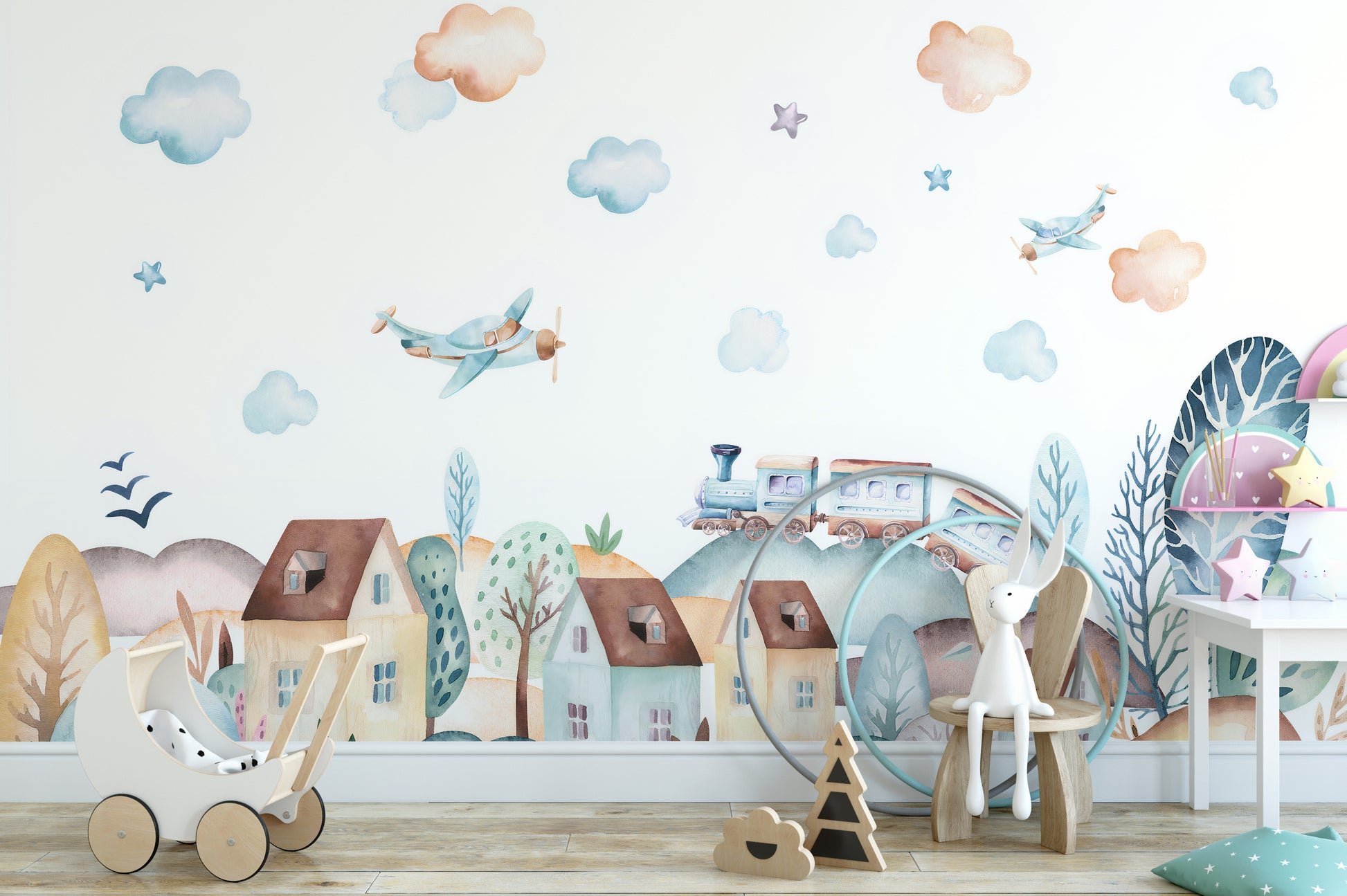 Playful Watercolor Fun Village Mural for Nursery Design
