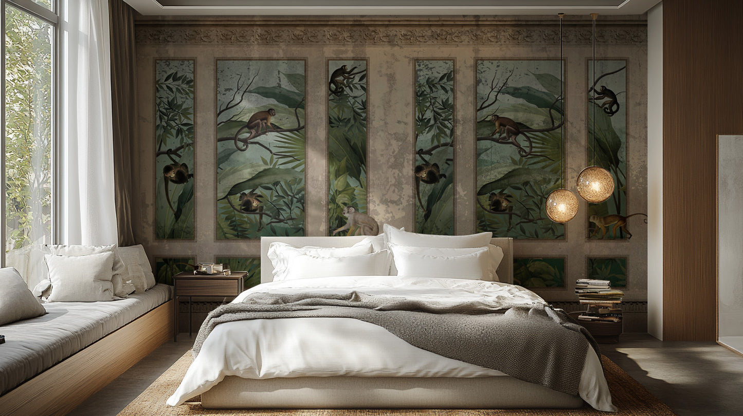 Vintage jungle monkey wallpaper with lush green foliage
