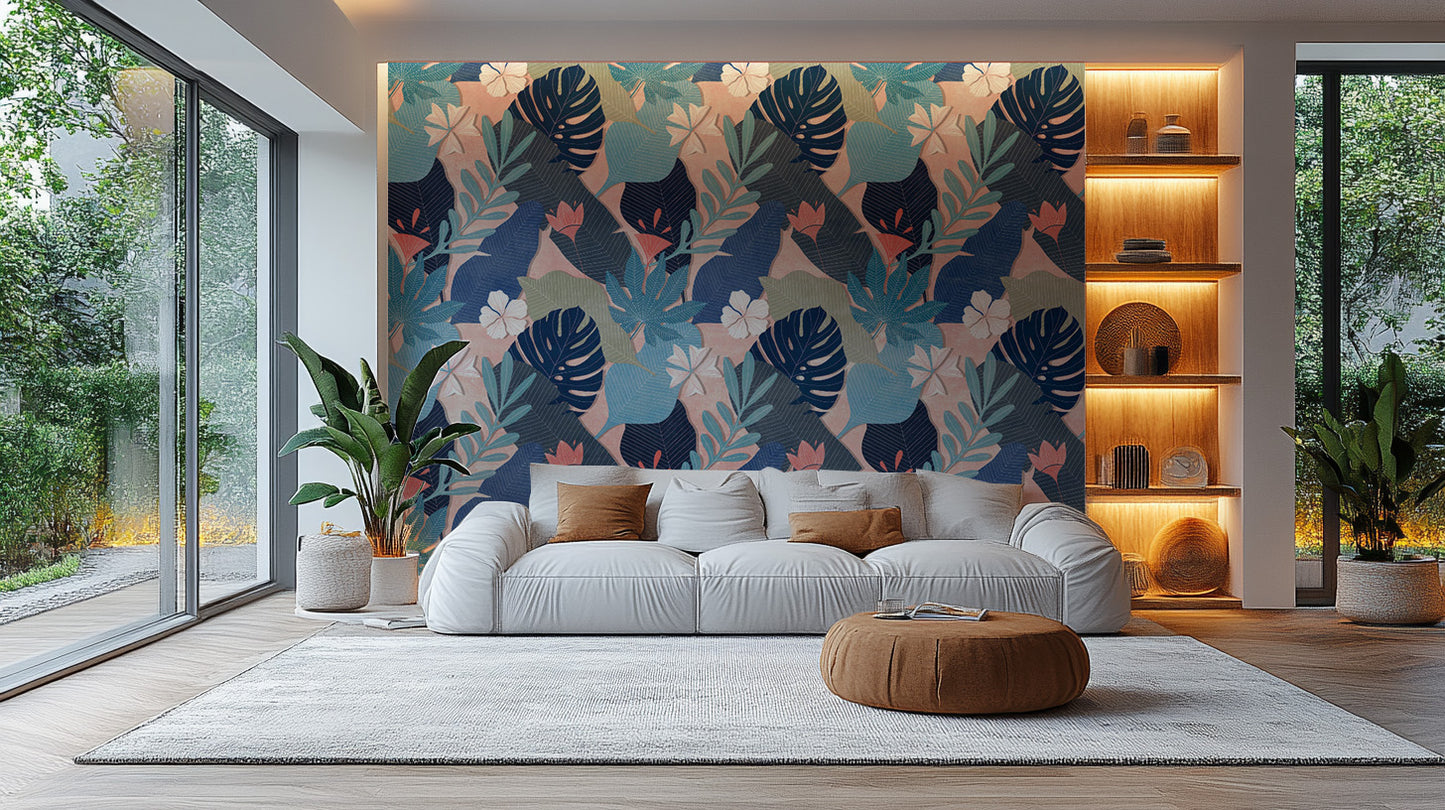 Relaxing blue foliage wallpaper for a peaceful room ambiance.
