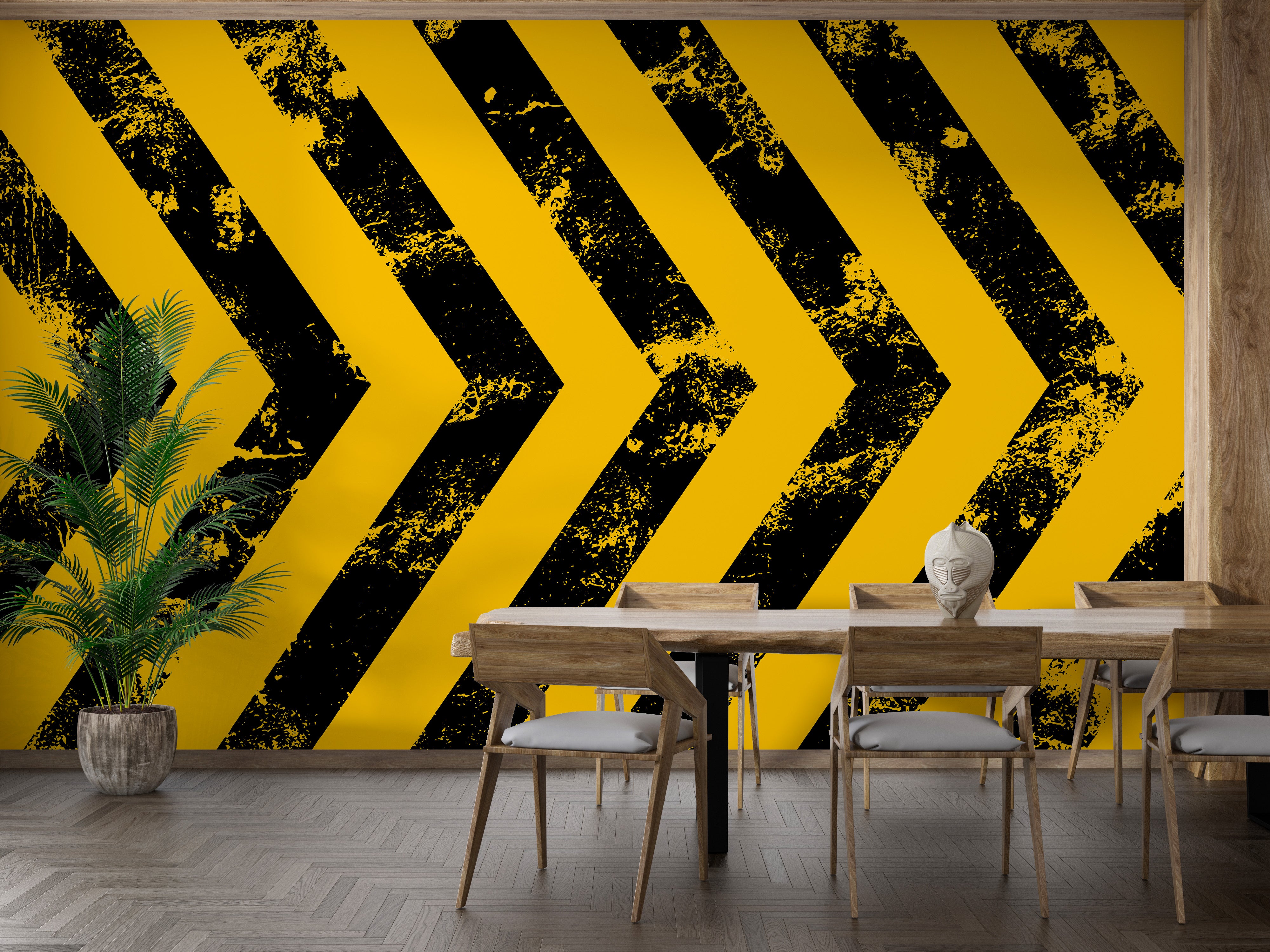 Distressed yellow hazard stripes mural
