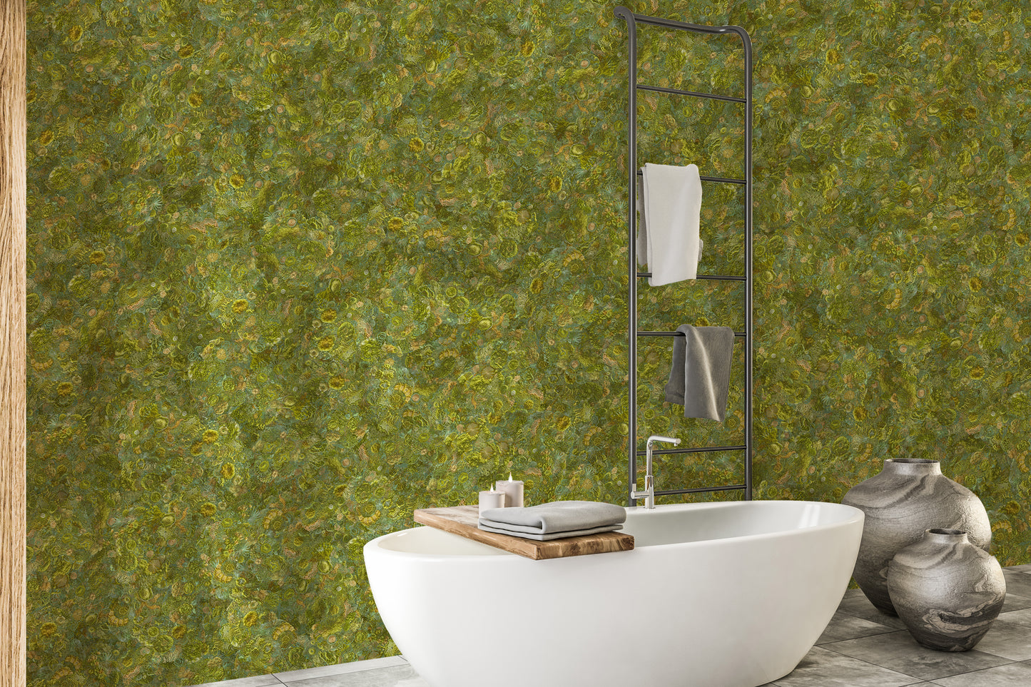 Embroidery Moss Green Color Wallpaper Murals