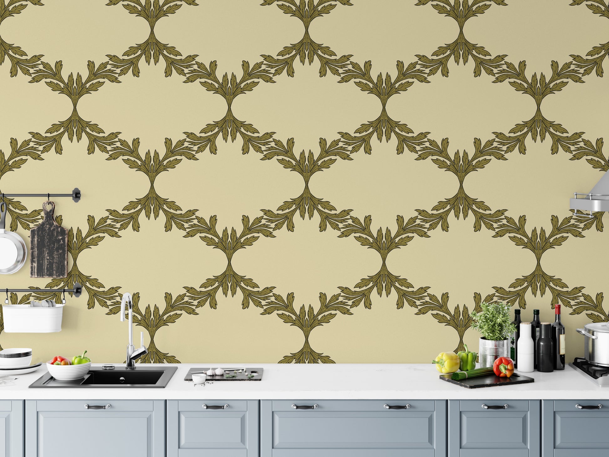 Vintage-style brown wallpaper with natural leafy patterns.