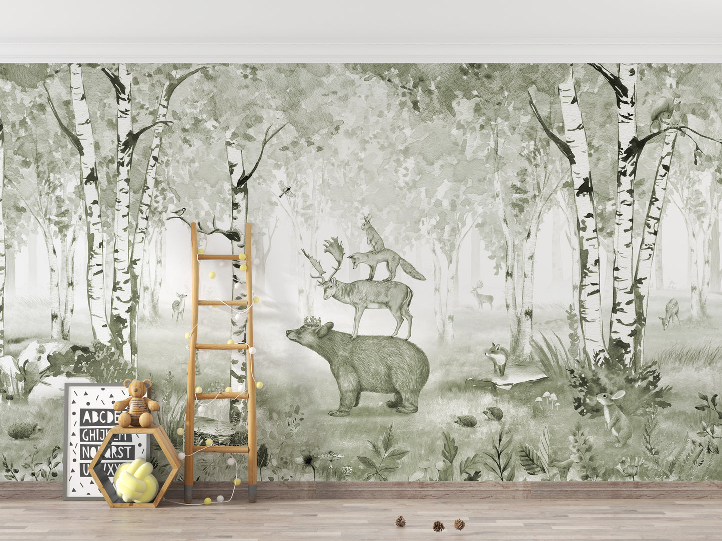 Woodland wallpaper with green tones and majestic bear king