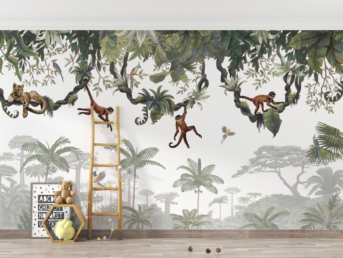 Tropical jungle wallpaper murals with hanging monkeys and trees