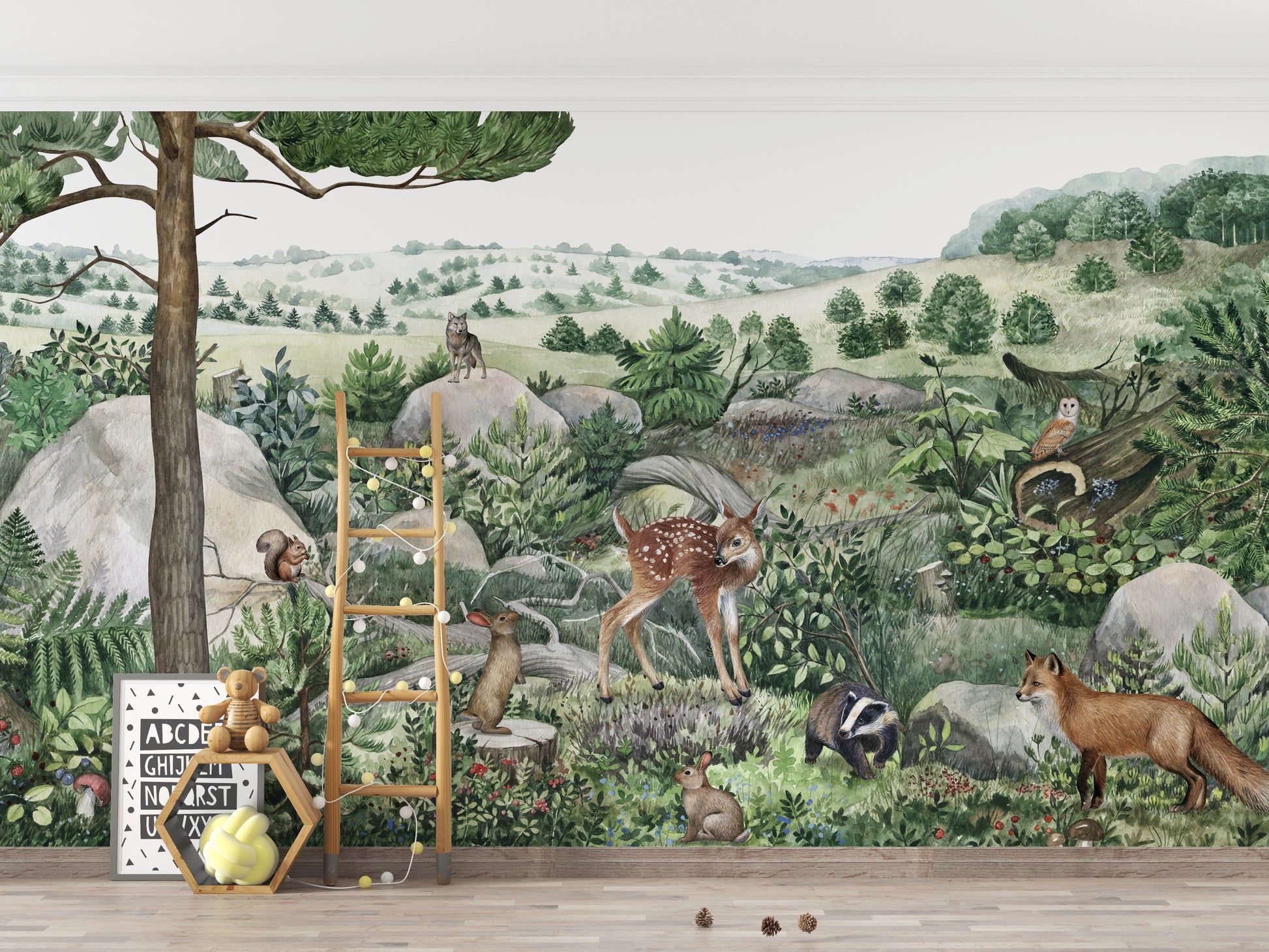 Happy Hills wildlife wall mural with a deer and fox.