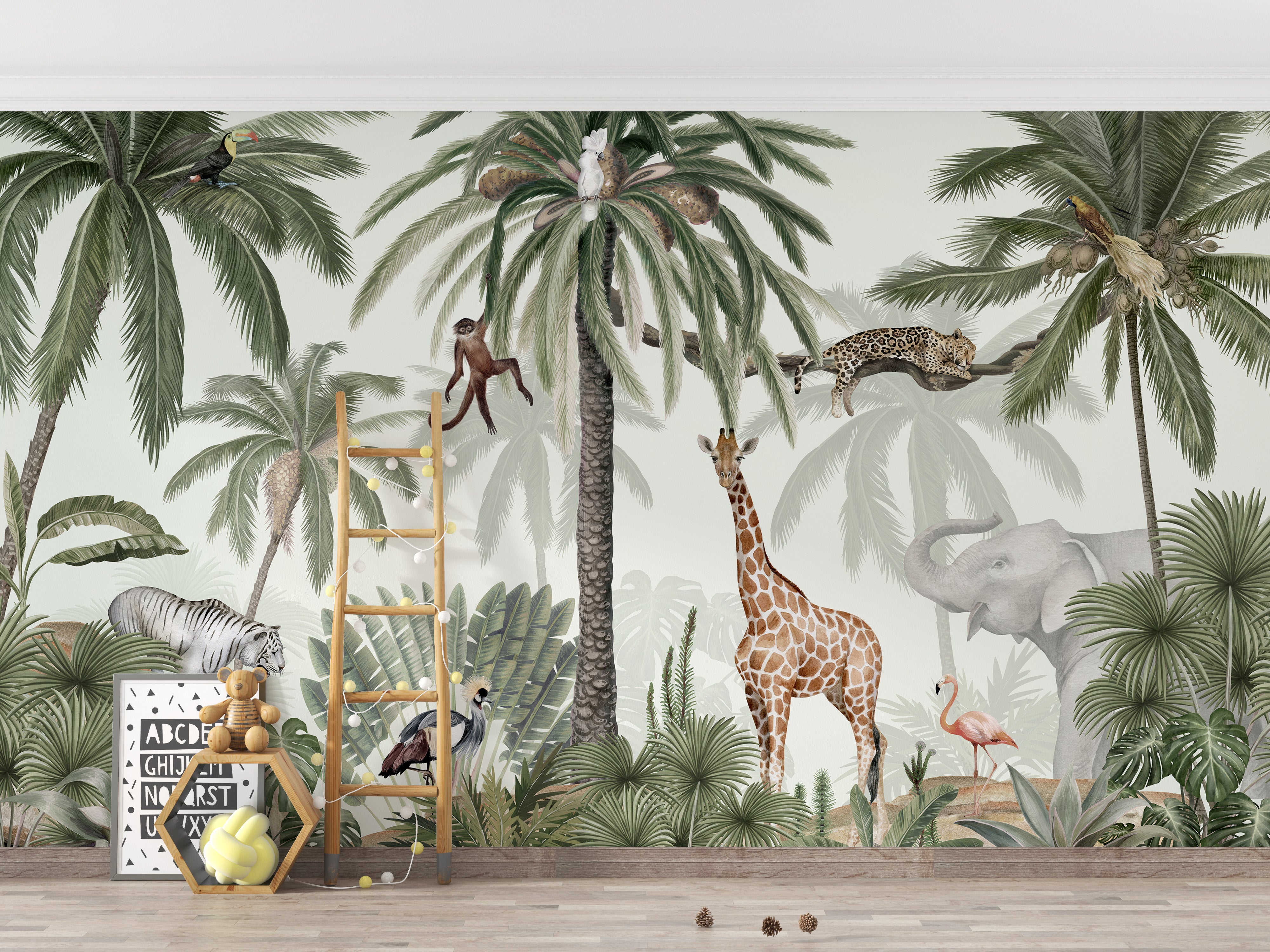 Tropical Jive mural wallpaper with giraffe and leopard