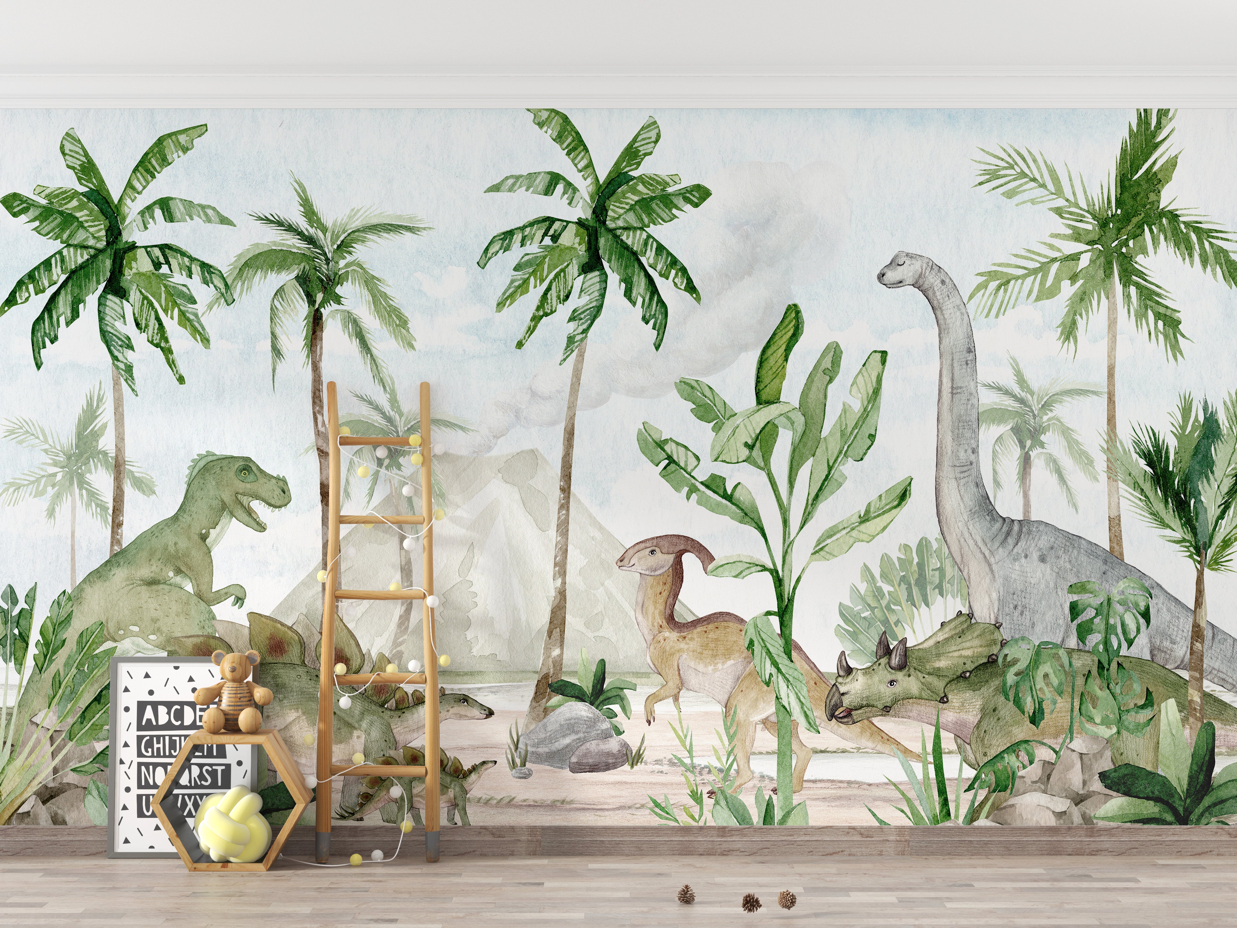 Whimsical kids' dinosaur forest wall mural