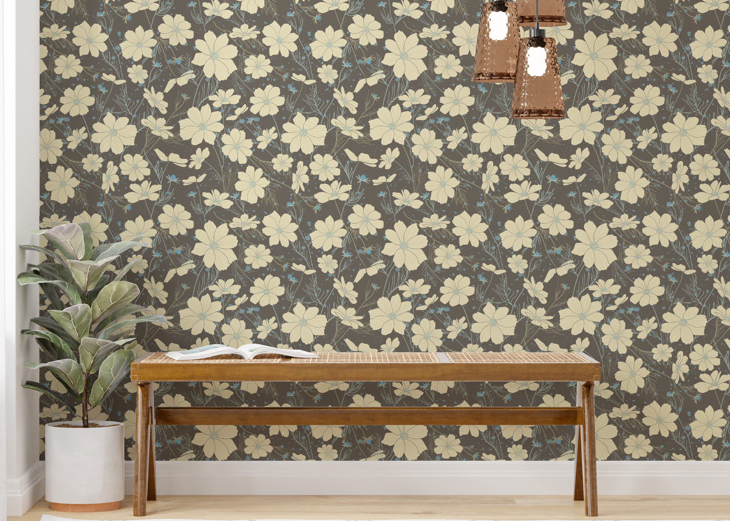 Artistic gray wallpaper with intricate cosmos flower details.
