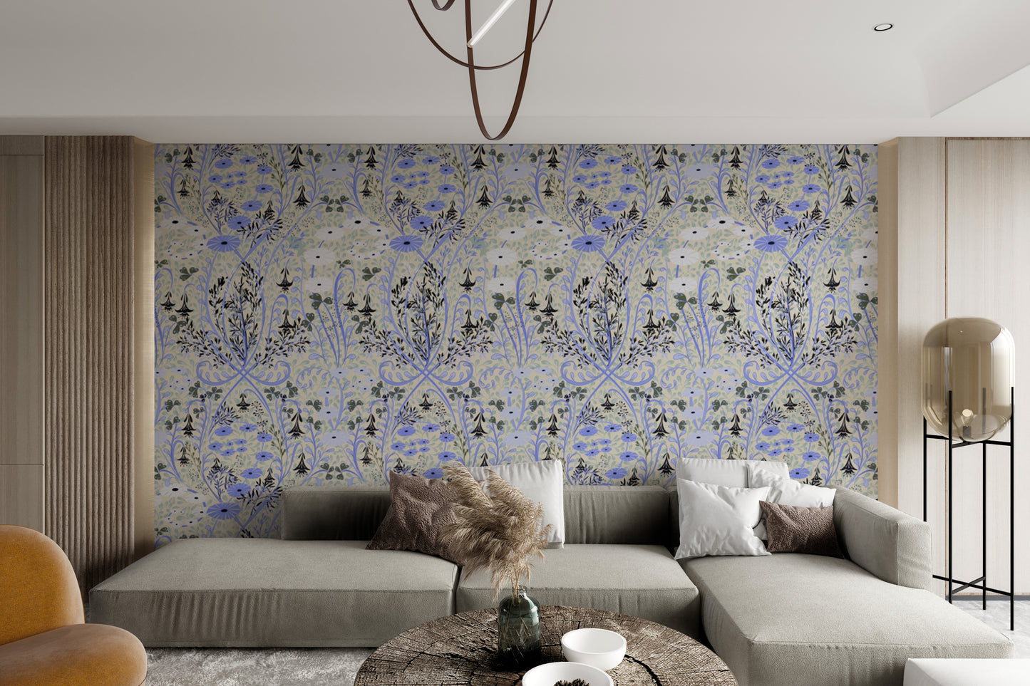 Elegant meadow-inspired periwinkle wallpaper for renters