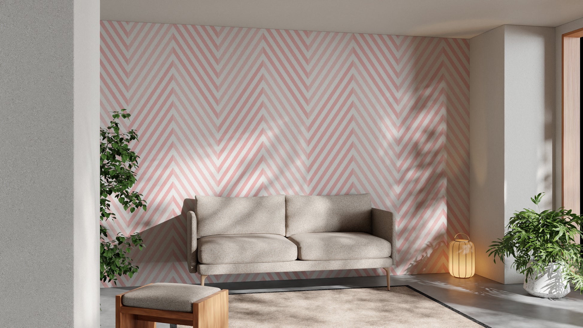 Bright geometric chevron mural wallpaper.